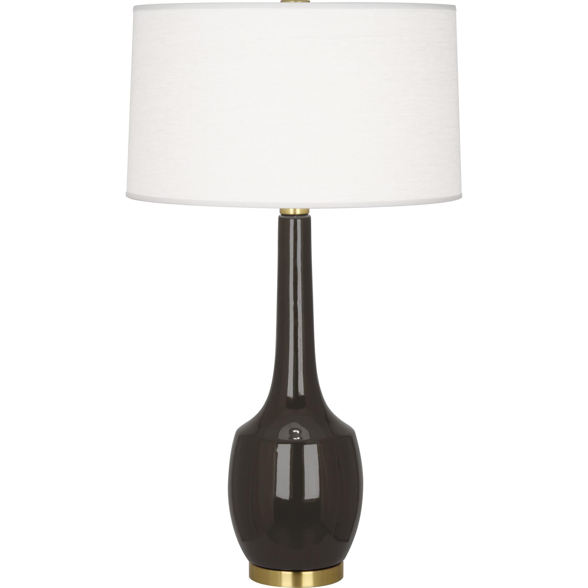 Shown in Antique Brass  With Coffee Glazed Ceramic finish and Oyster Linen With Self-Fabric Top And Bottom Diffuser shade