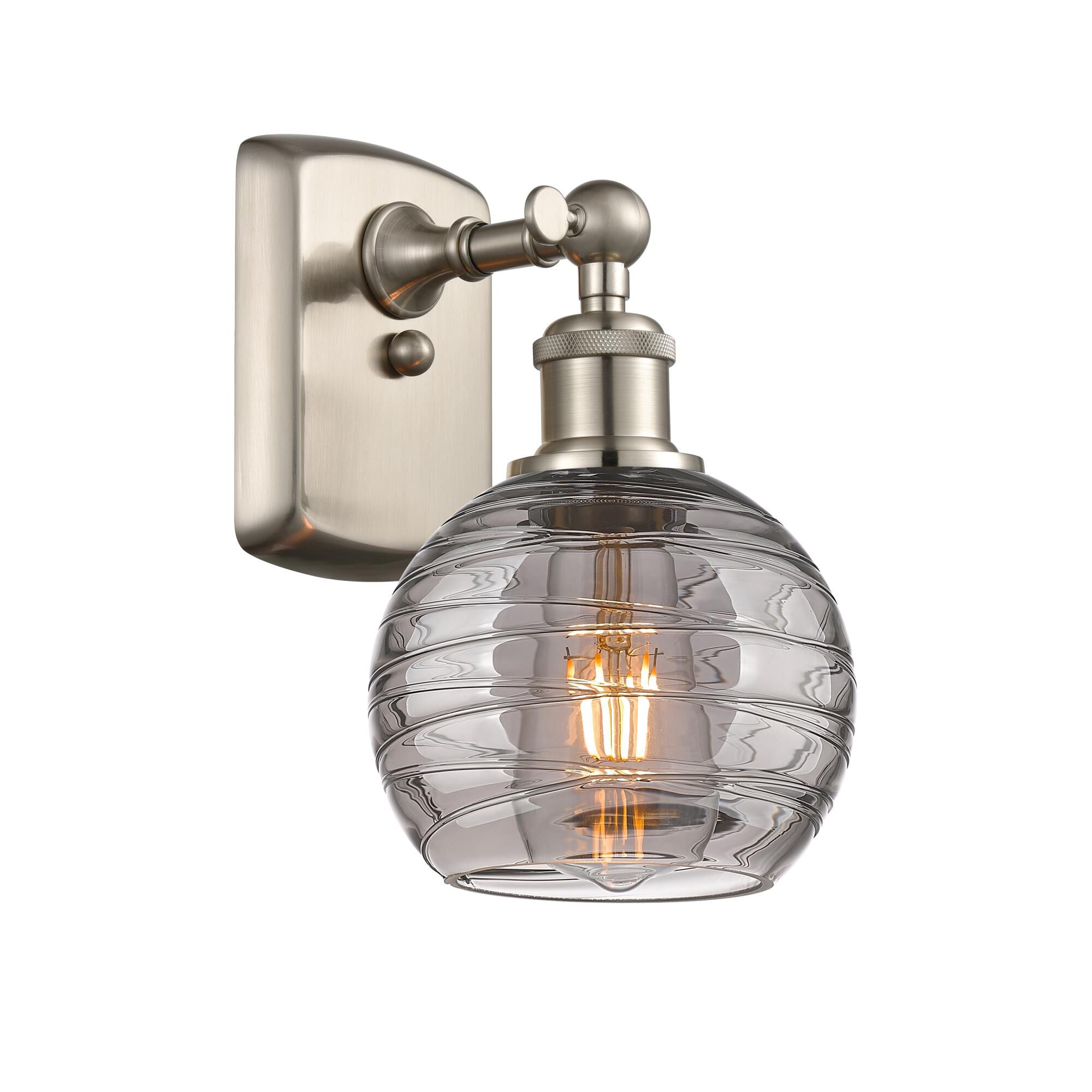 Shown in Brushed Satin Nickel finish and Light Smoke Deco Swirl glass