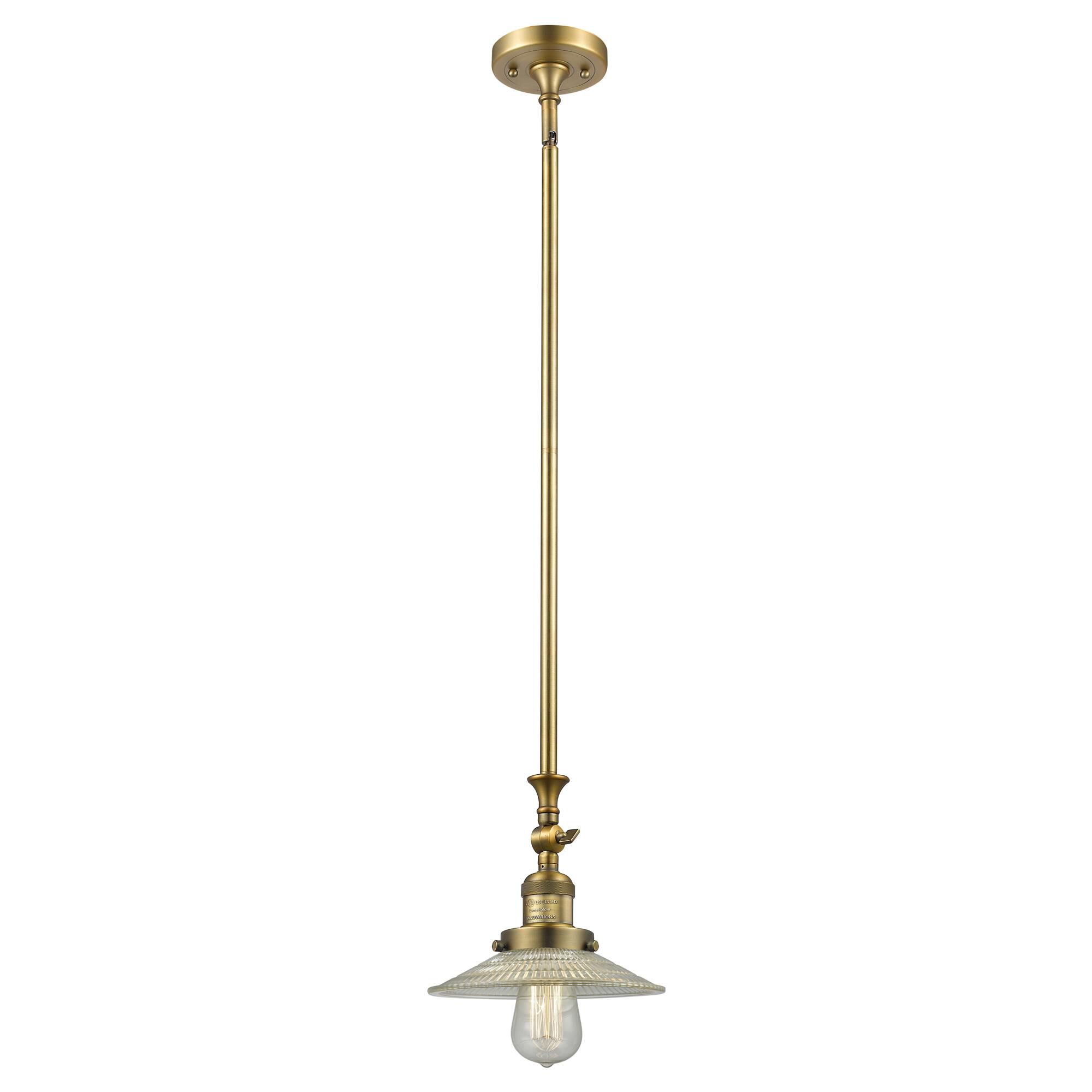 Shown in Brushed Brass finish and Clear Halophane glass