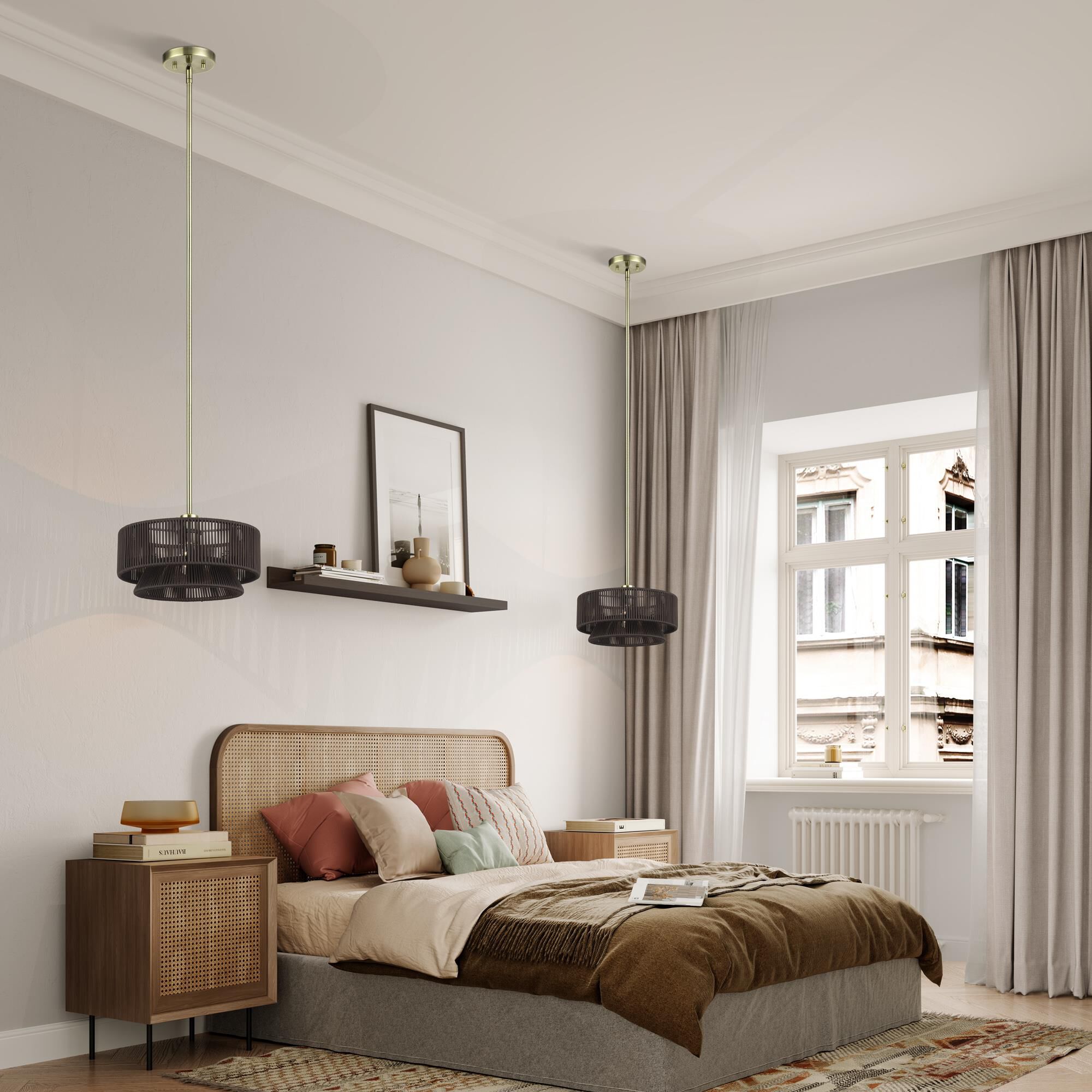 Shown in Antique Brass finish and Hand-Woven Dark Chocolate Color Polyester Rope shade