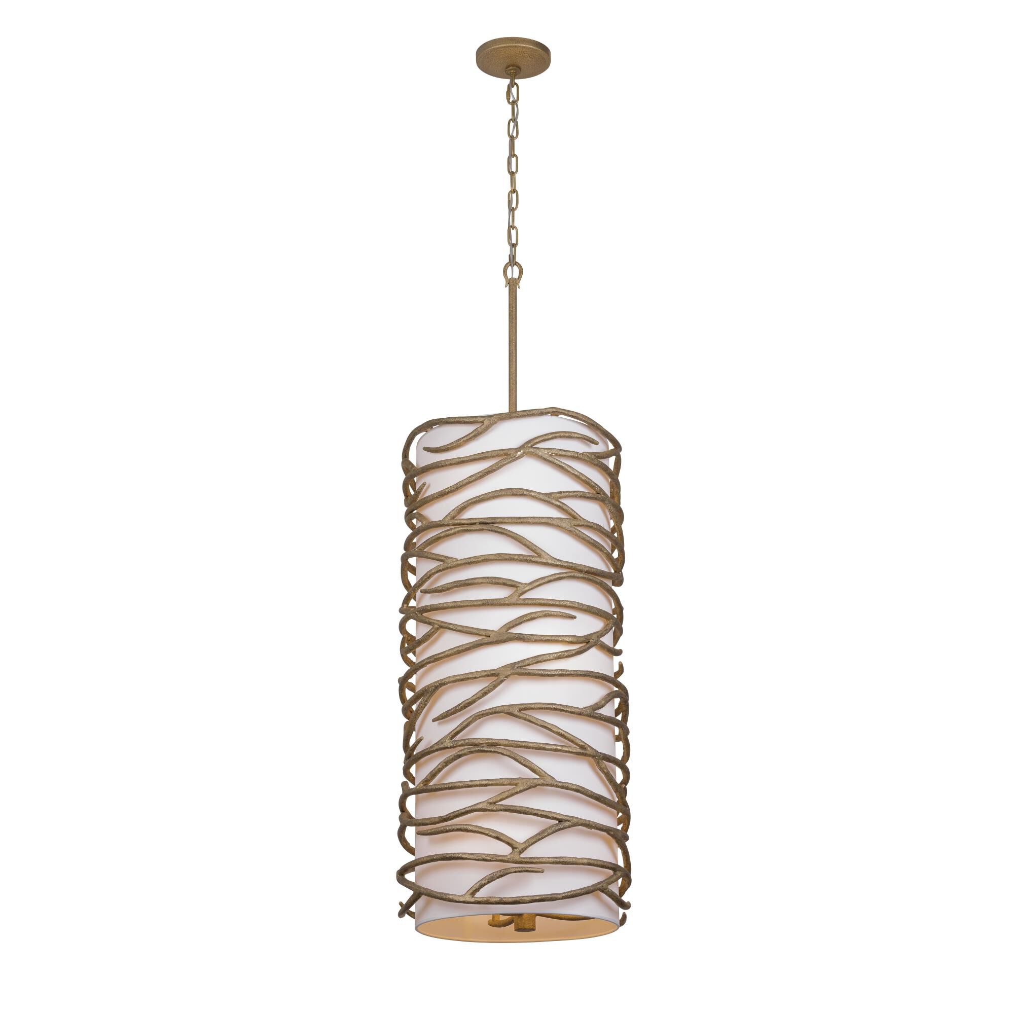 Shown in Textured Ashen Gold finish and Fabric Shade glass