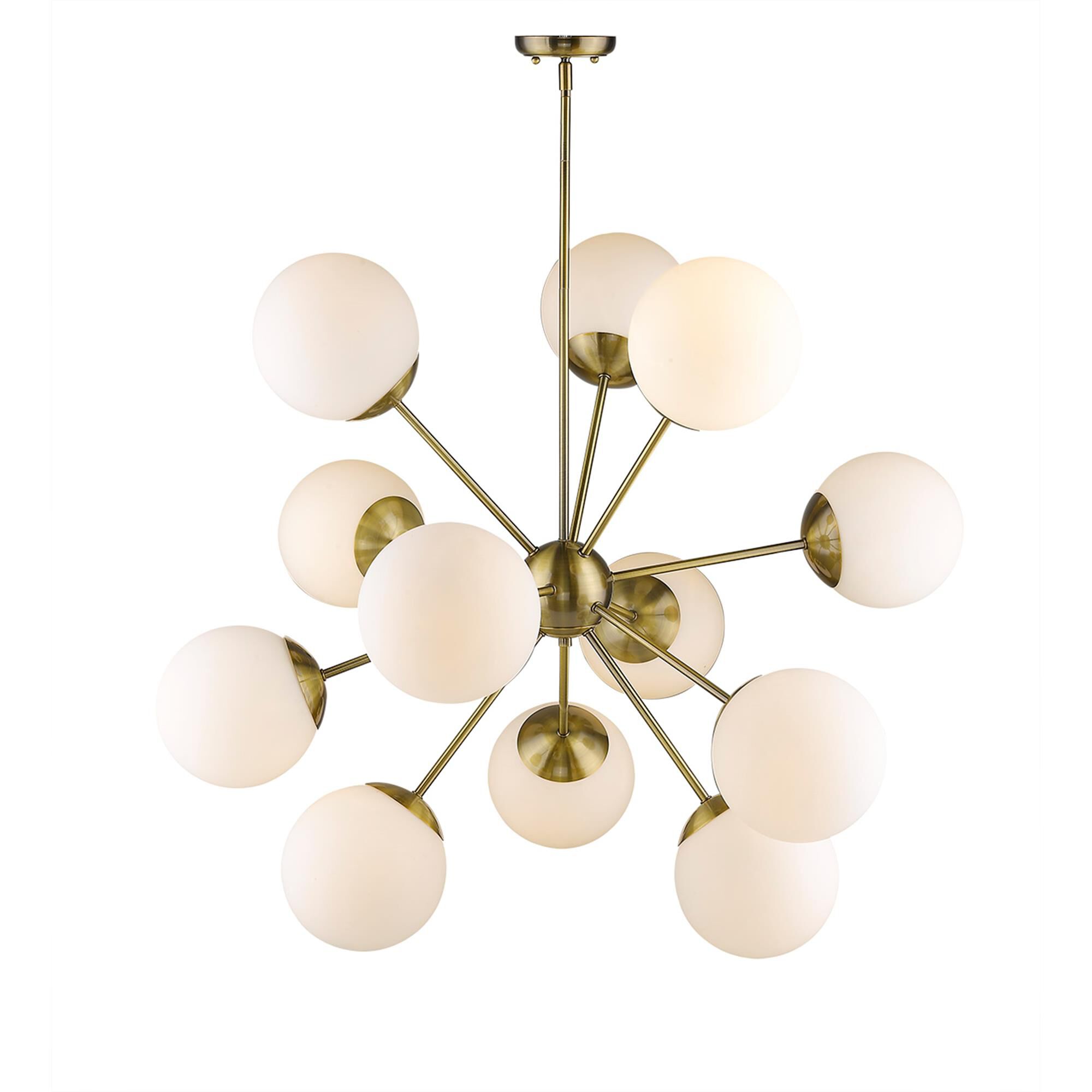 Shown in Antique Brass finish and Opal glass and Opal Glass Globes shade