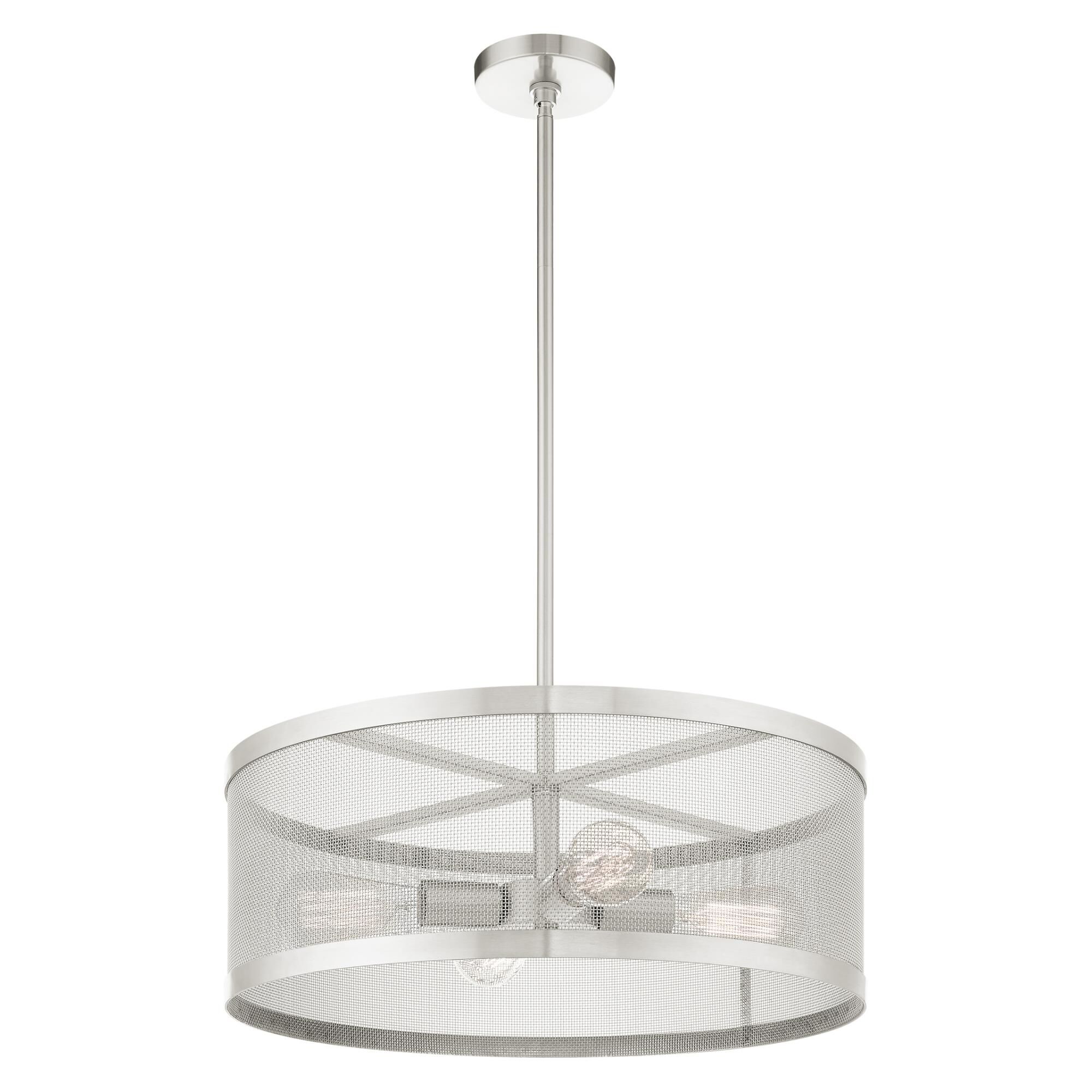 Shown in Brushed Nickel finish and Brushed Nickle Stainless Mesh Shade glass and Brushed Nickle Stainless Mesh shade