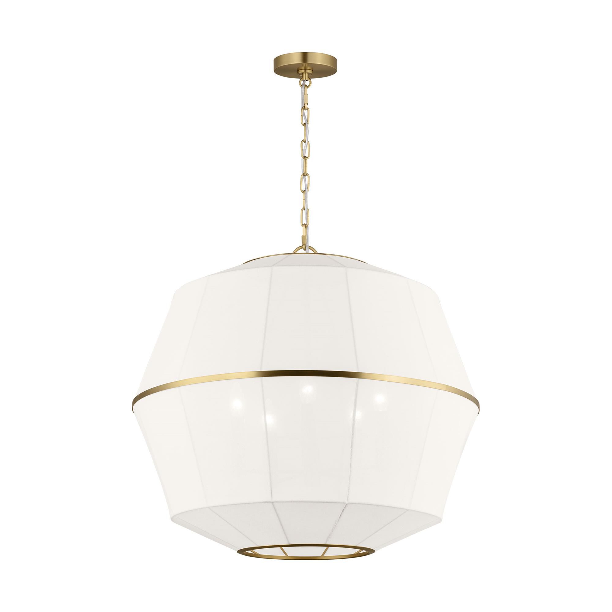 Shown in Burnished Brass finish and White Linen shade