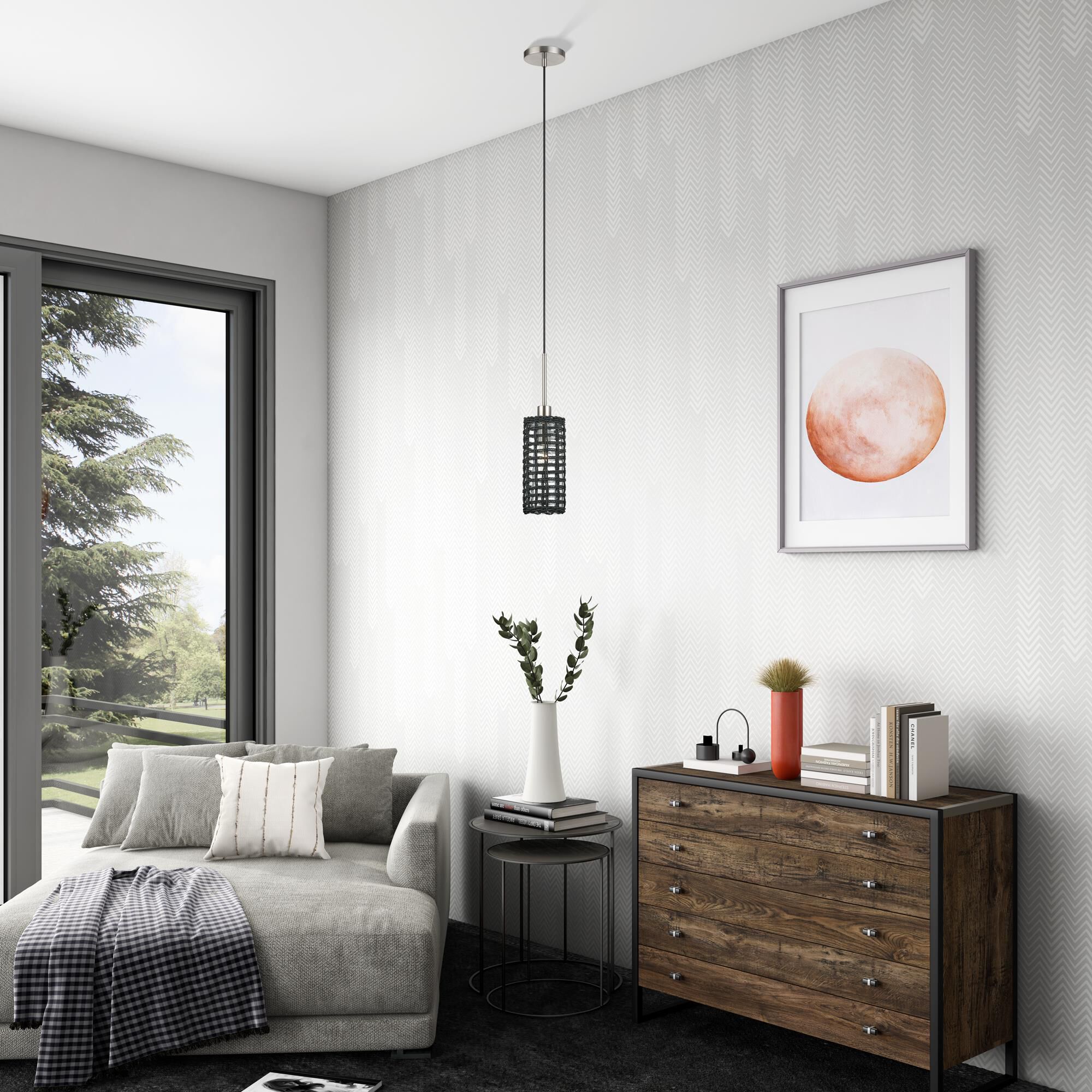 Shown in Brushed Nickel finish and Hand-Woven Midnight Black Color Paper Rope On Top Of Clear shade