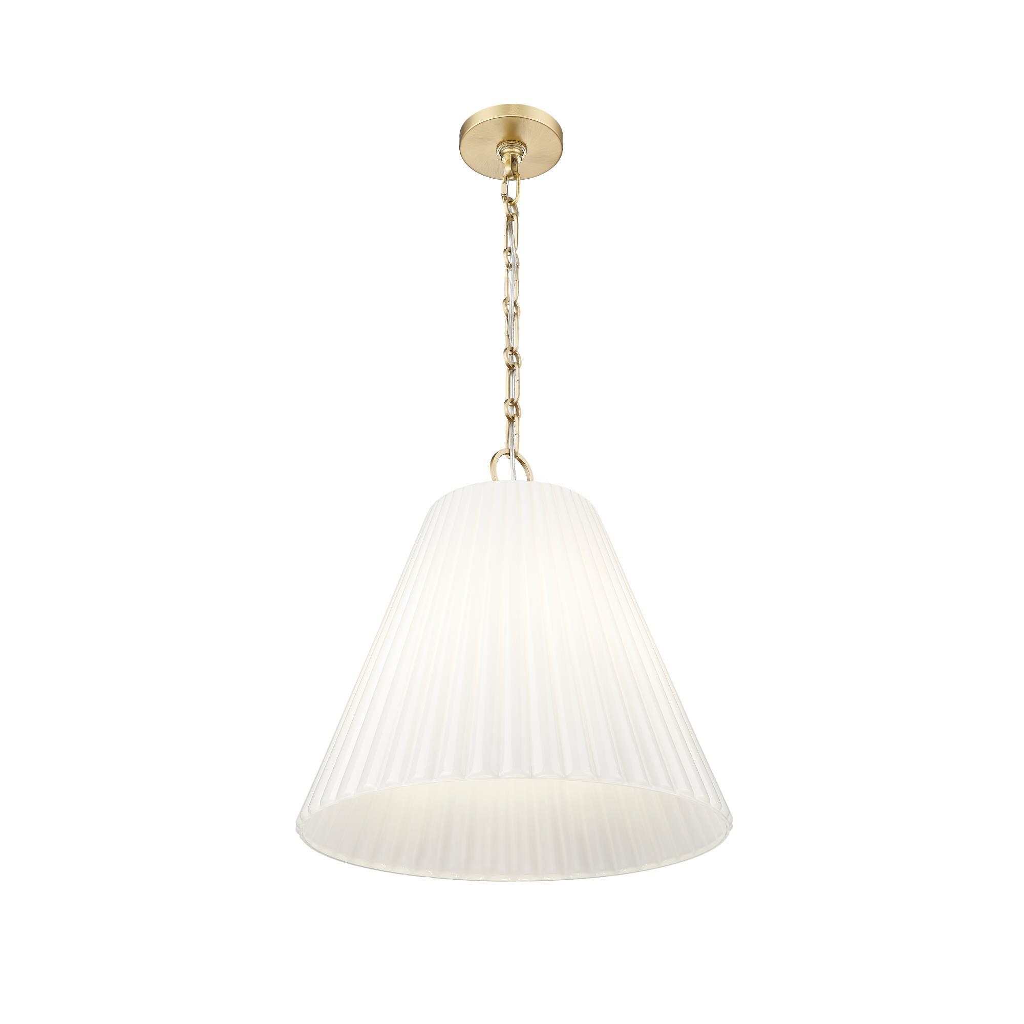 Shown in Modern Gold finish and White glass and White shade