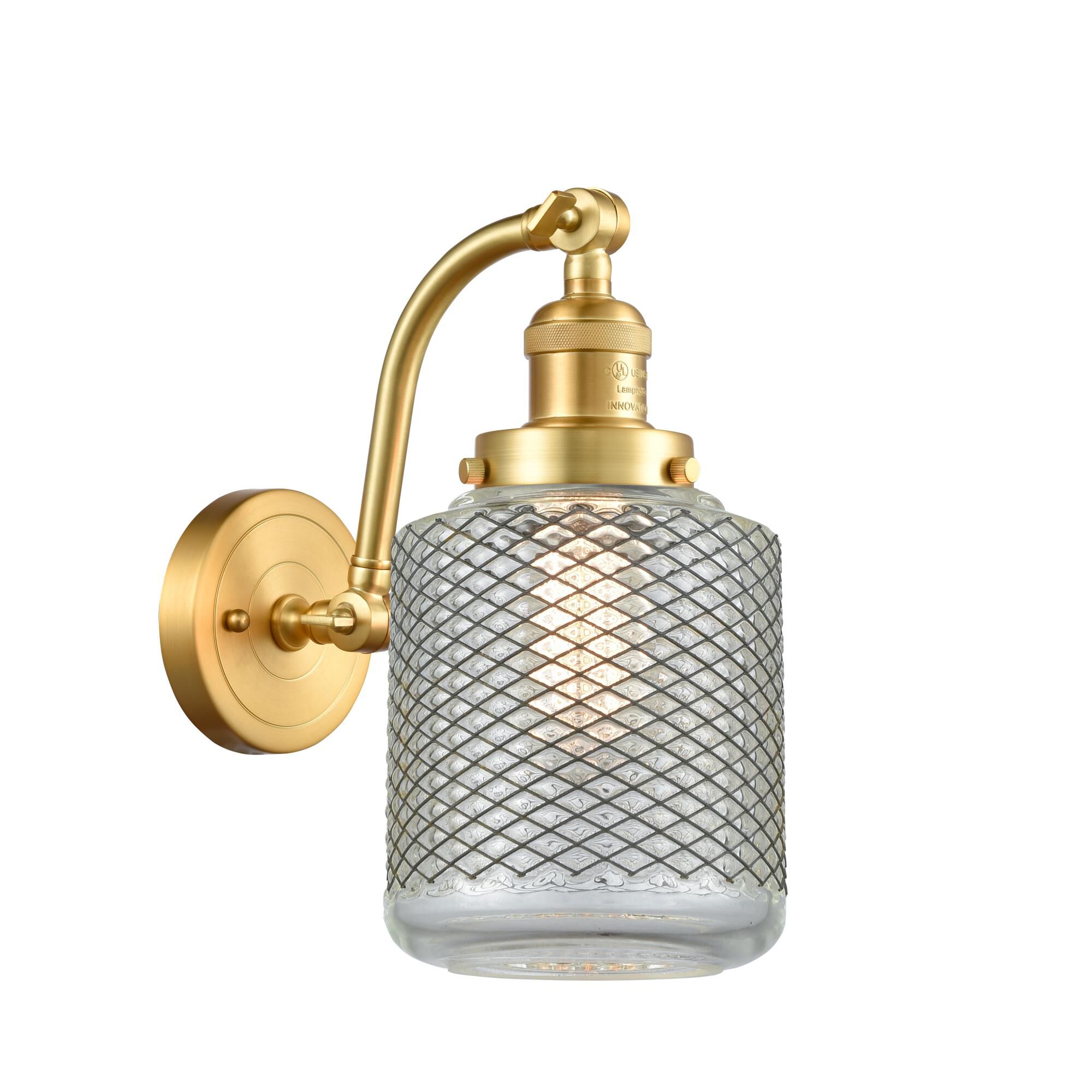 Shown in Satin Gold finish and Vintage Wire Mesh Stanton glass