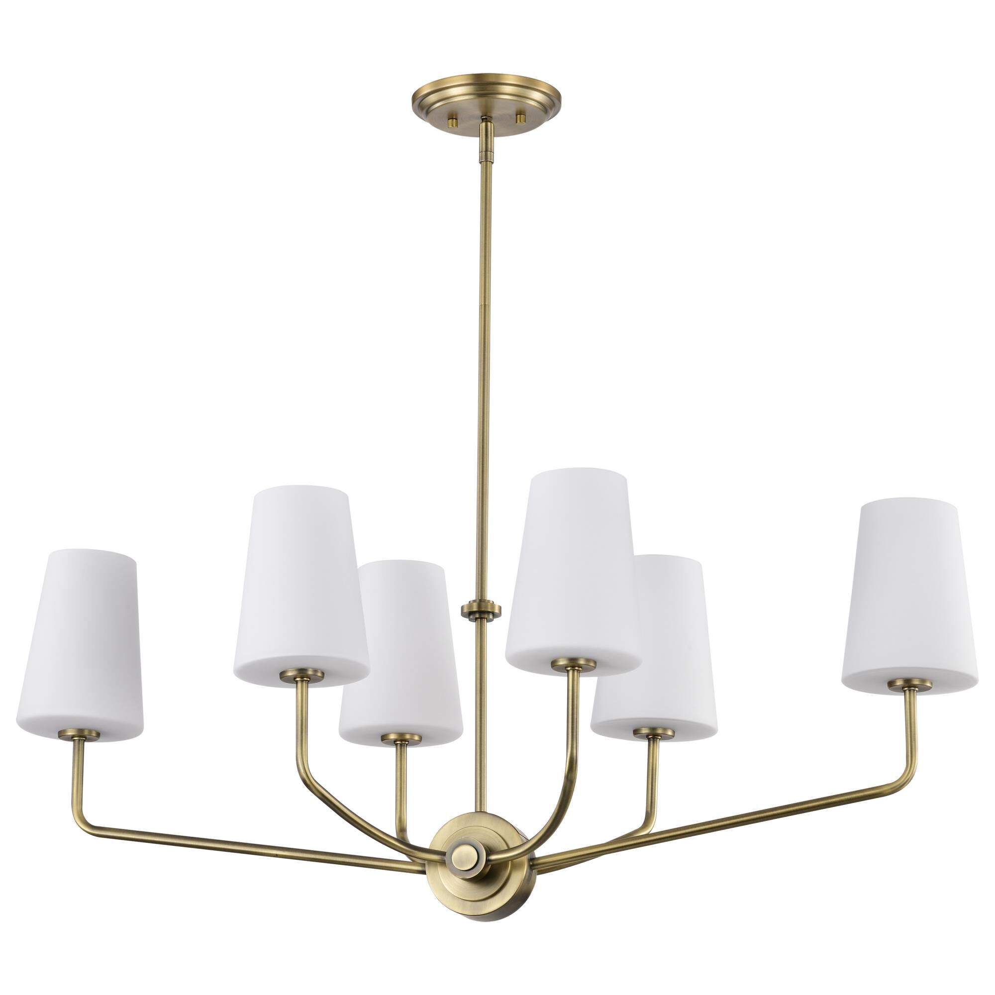 Shown in Vintage Brass finish and Etched White Opal glass and Etched Opal shade