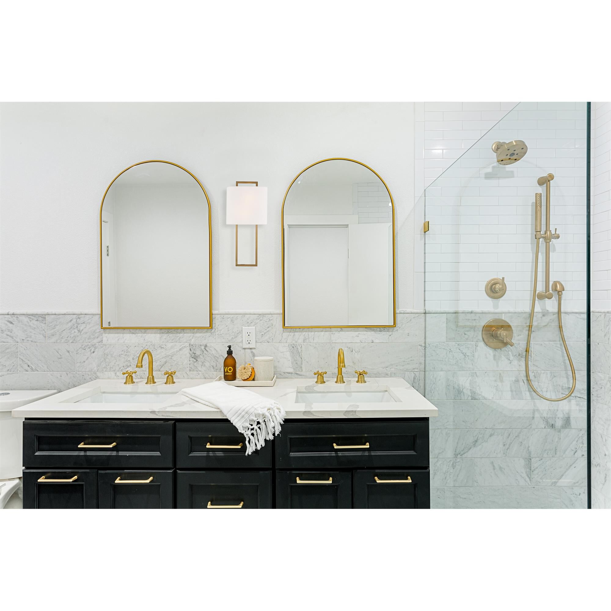 Shown in Vibrant Gold finish and Fabric glass and White shade