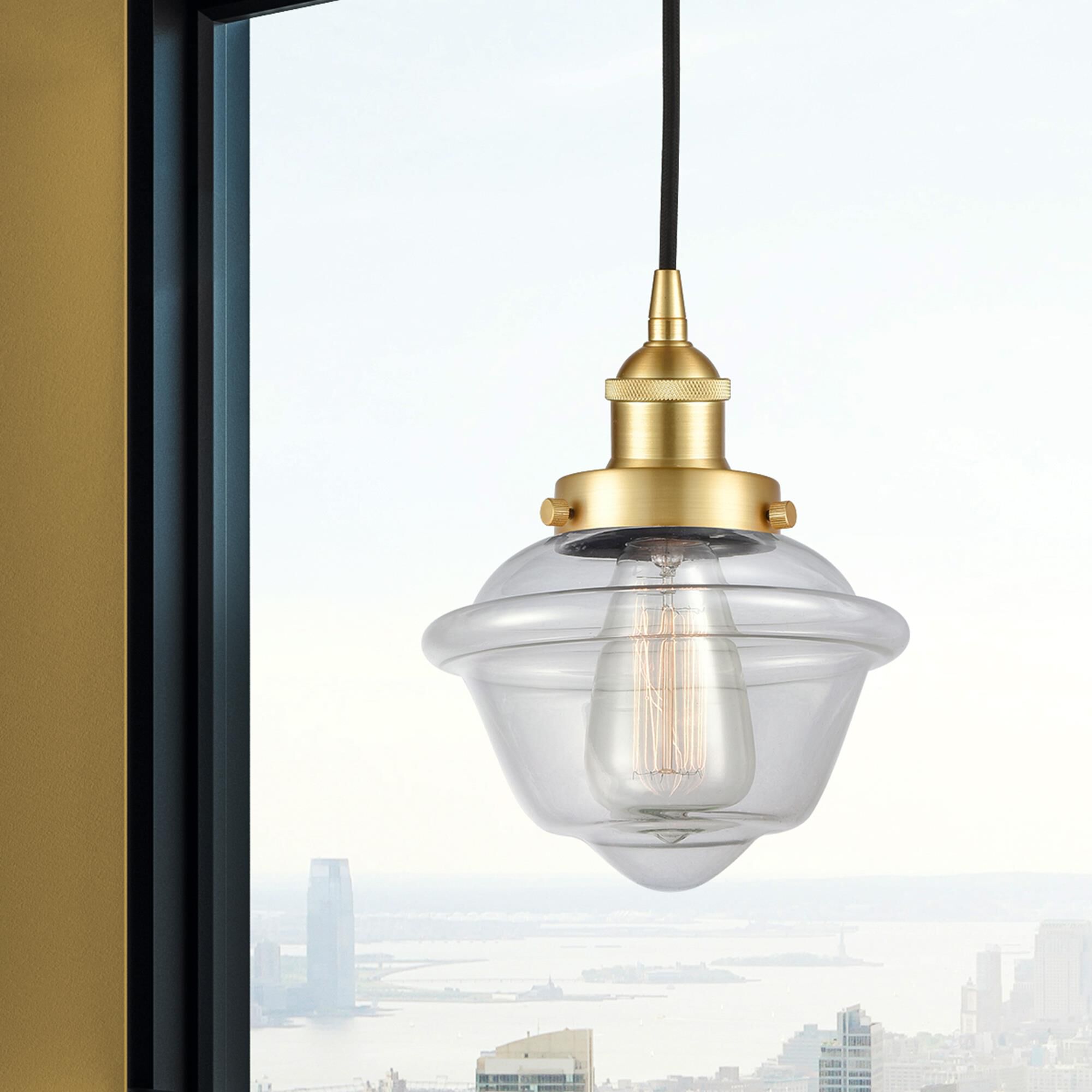 Shown in Satin Gold finish and Clear Small Oxford glass
