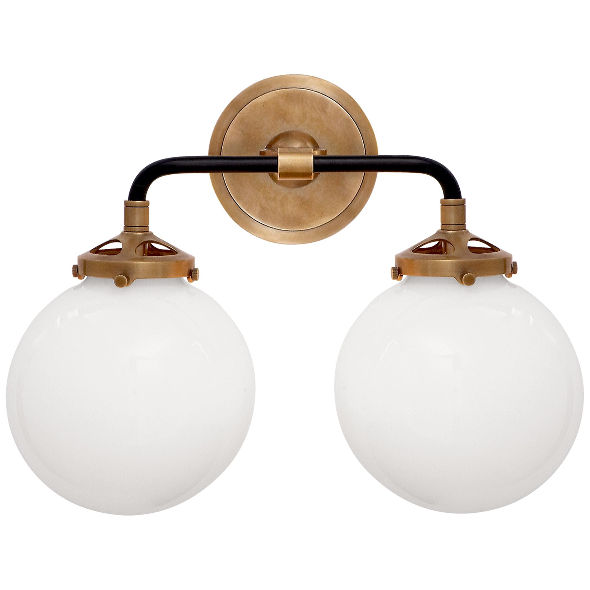 Shown in Hand-Rubbed Antique Brass And Black finish and White glass