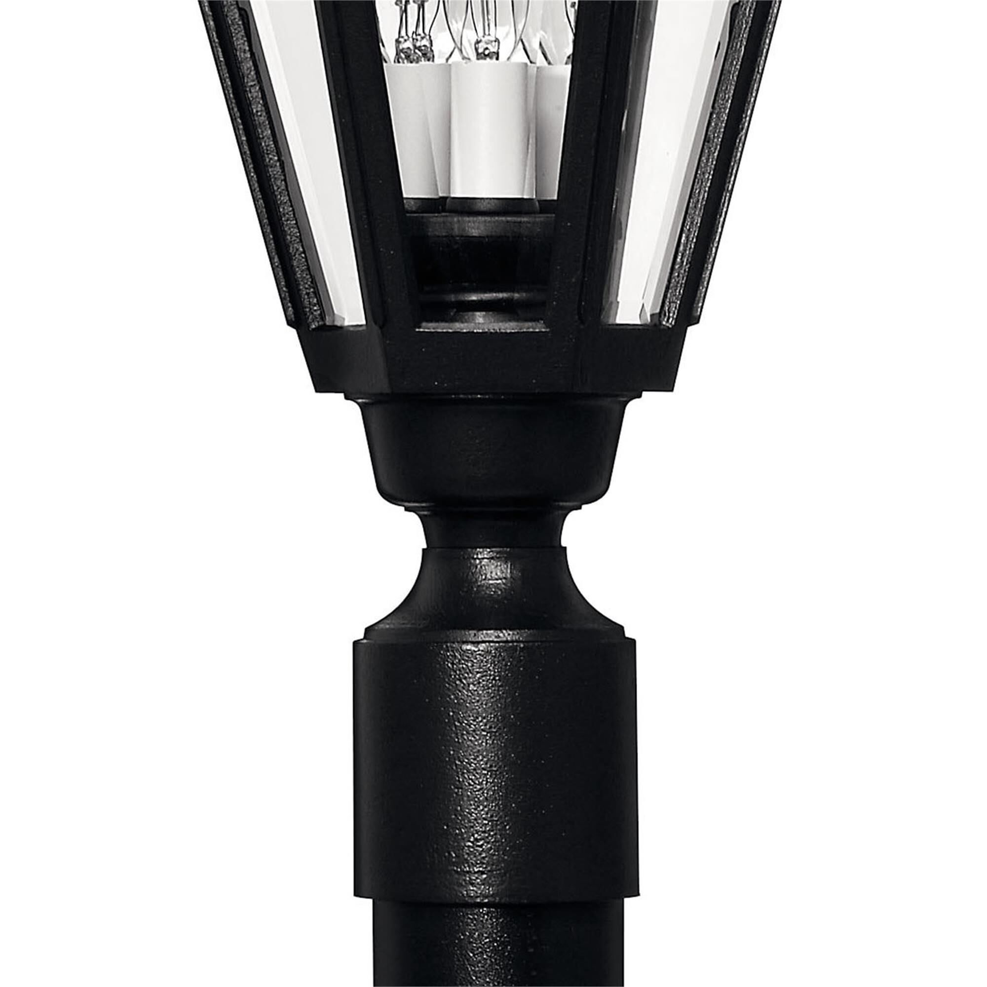 Shown in Black finish and Clear Beveled Panels glass