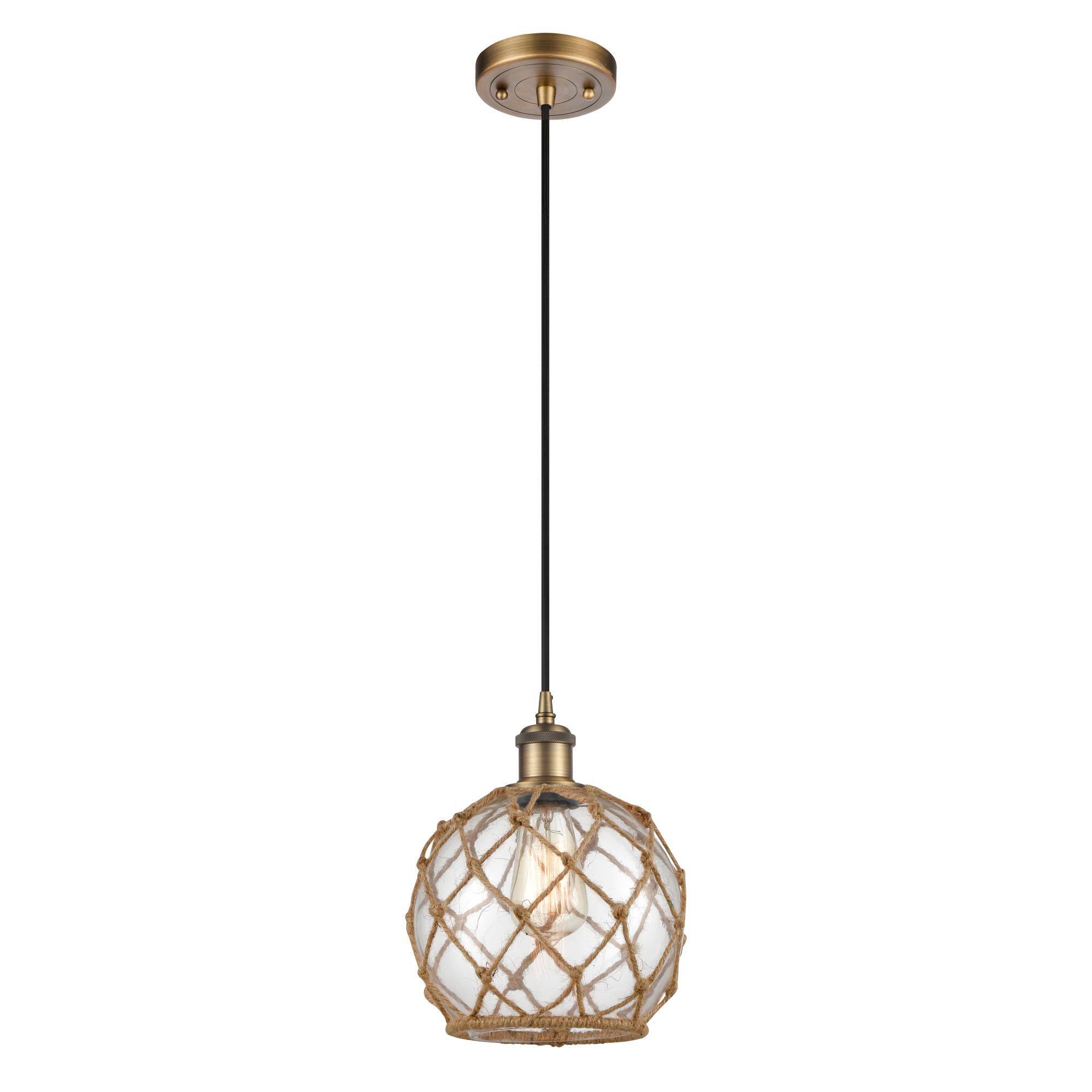 Shown in Brushed Brass finish and Clear Farmhousewith Brown Rope glass