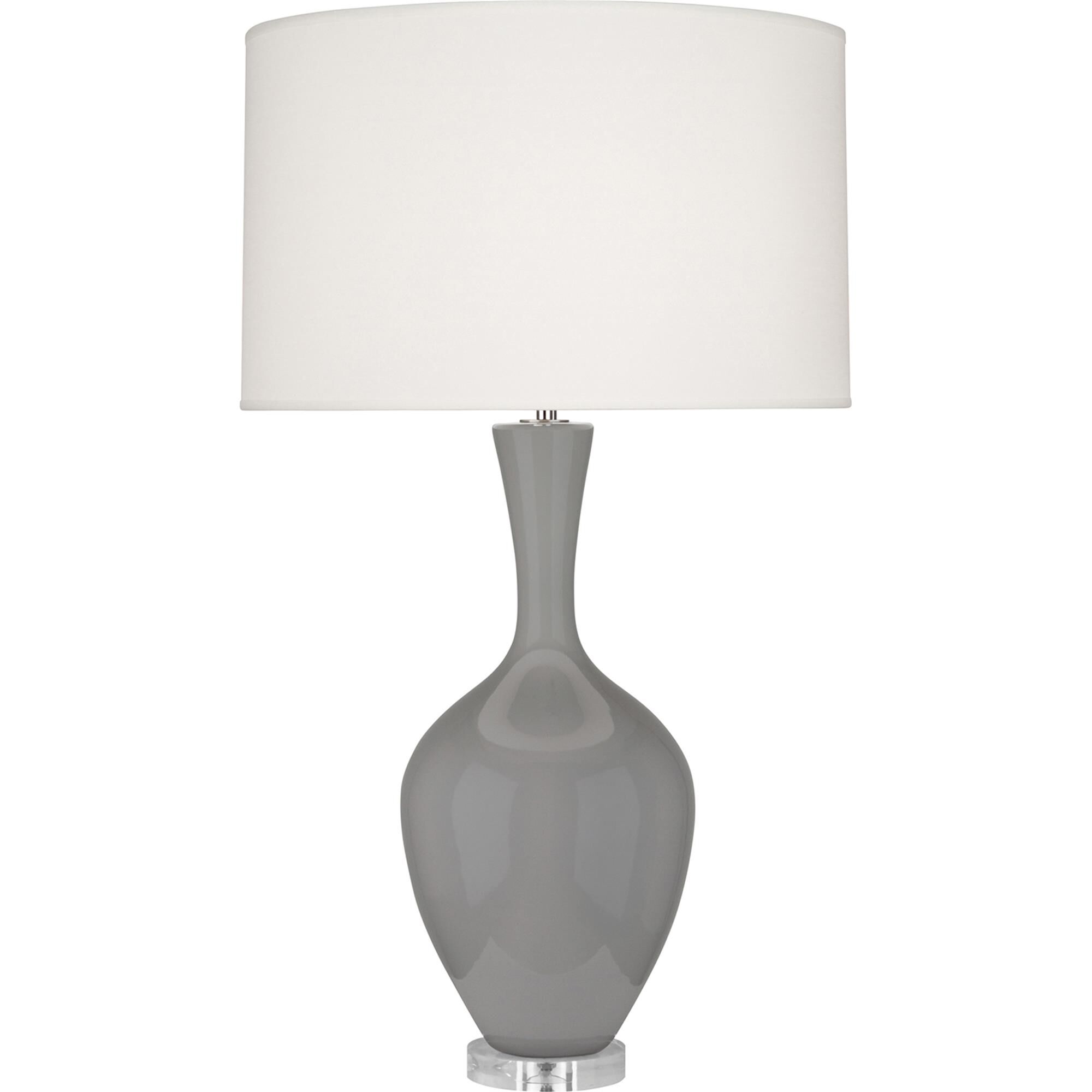 Shown in Smoky Taupe Glazed Ceramic finish and Fondine Fabric shade