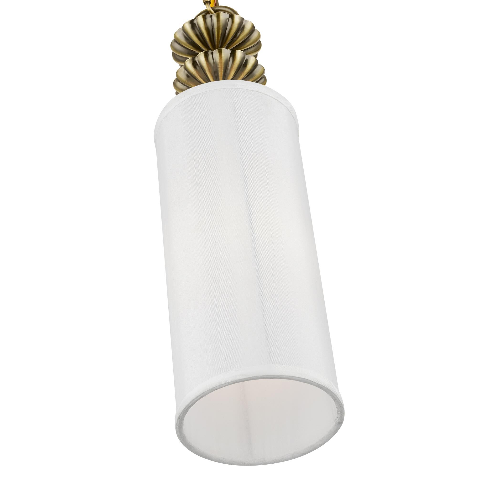 Shown in Antique Brass finish and Off-White Fabric Hardback with White Fabric Inside shade