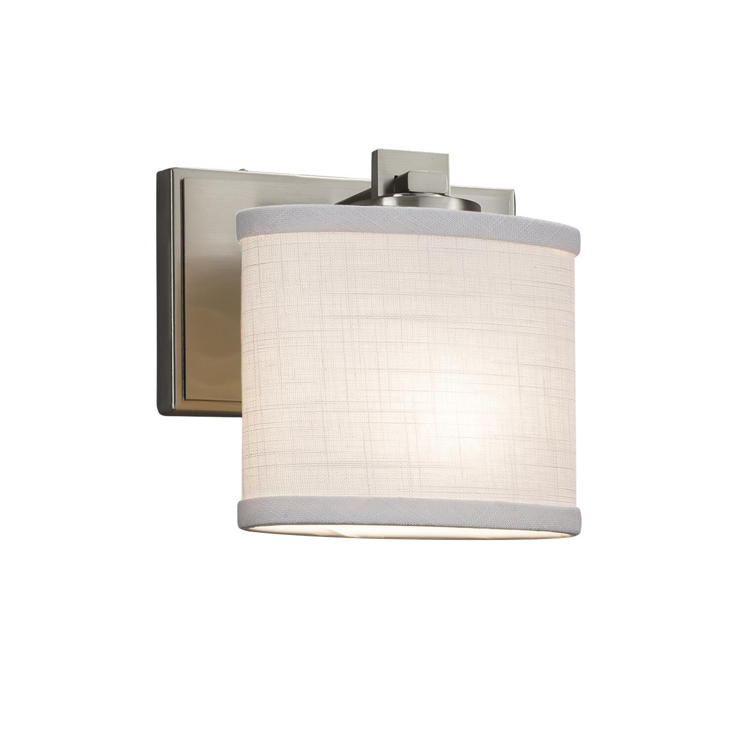 Shown in Brushed Nickel finish and White Woven Fabric shade and Oval accent