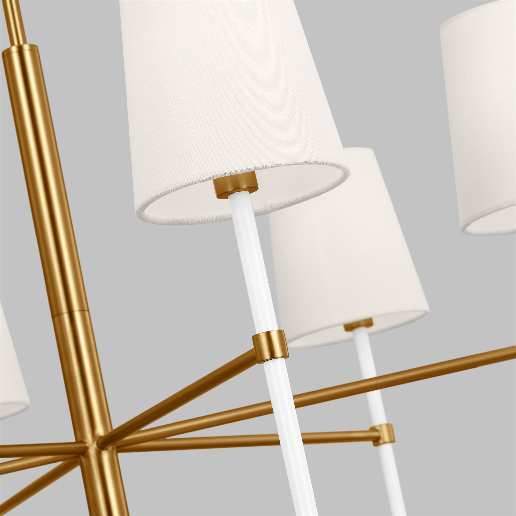 Shown in Burnished Brass finish and White Linen Fabric shade