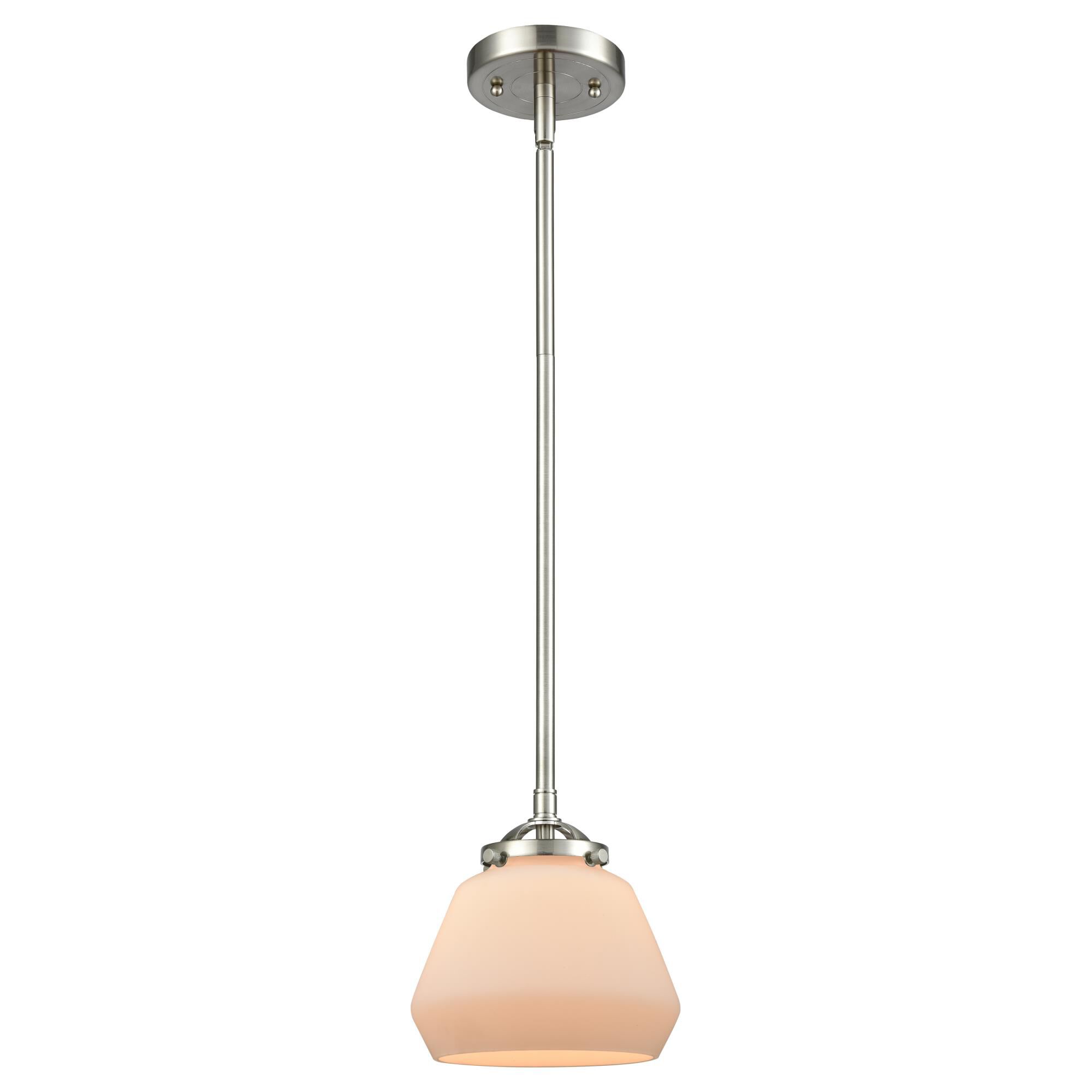 Shown in Brushed Satin Nickel finish and Matte White Cased glass