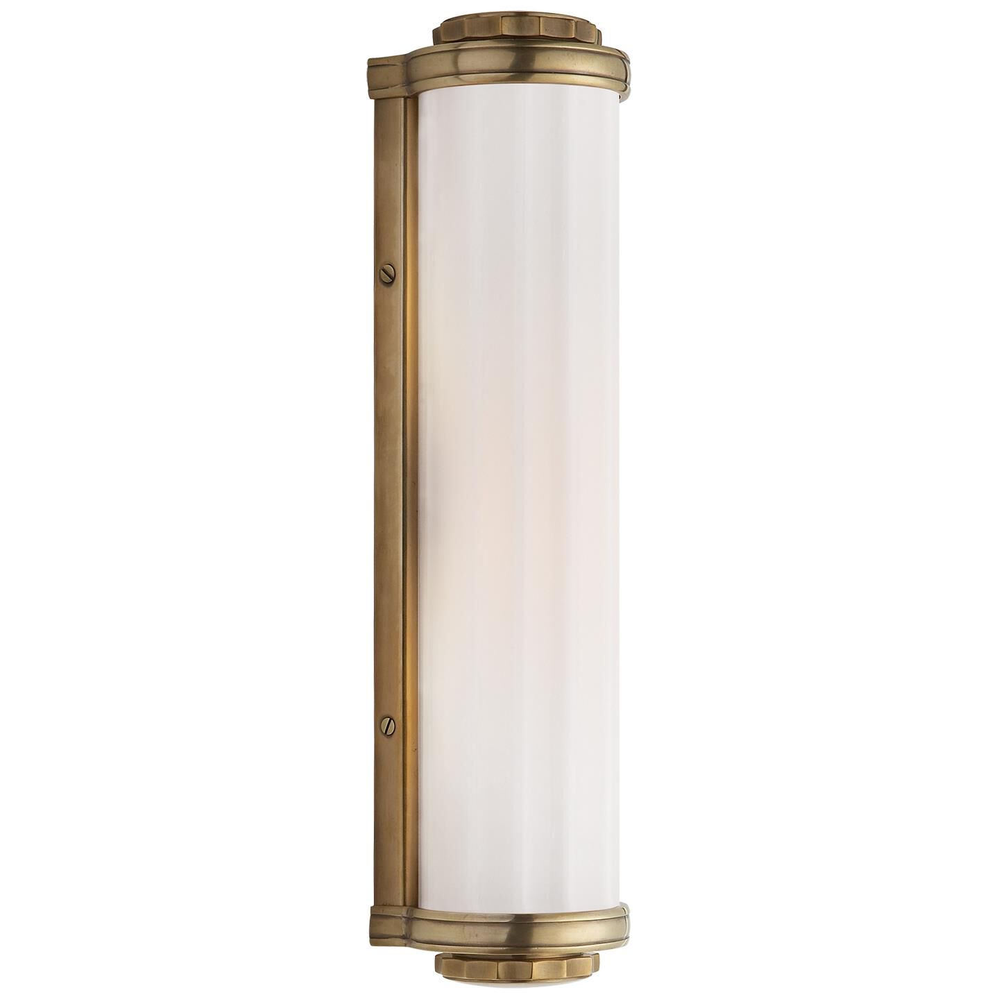 Shown in Hand-Rubbed Antique Brass finish and White glass