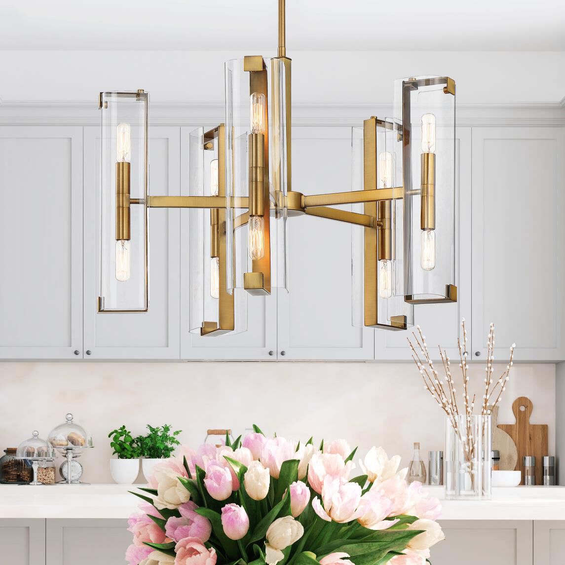 Shown in Warm Brass finish and Clear glass