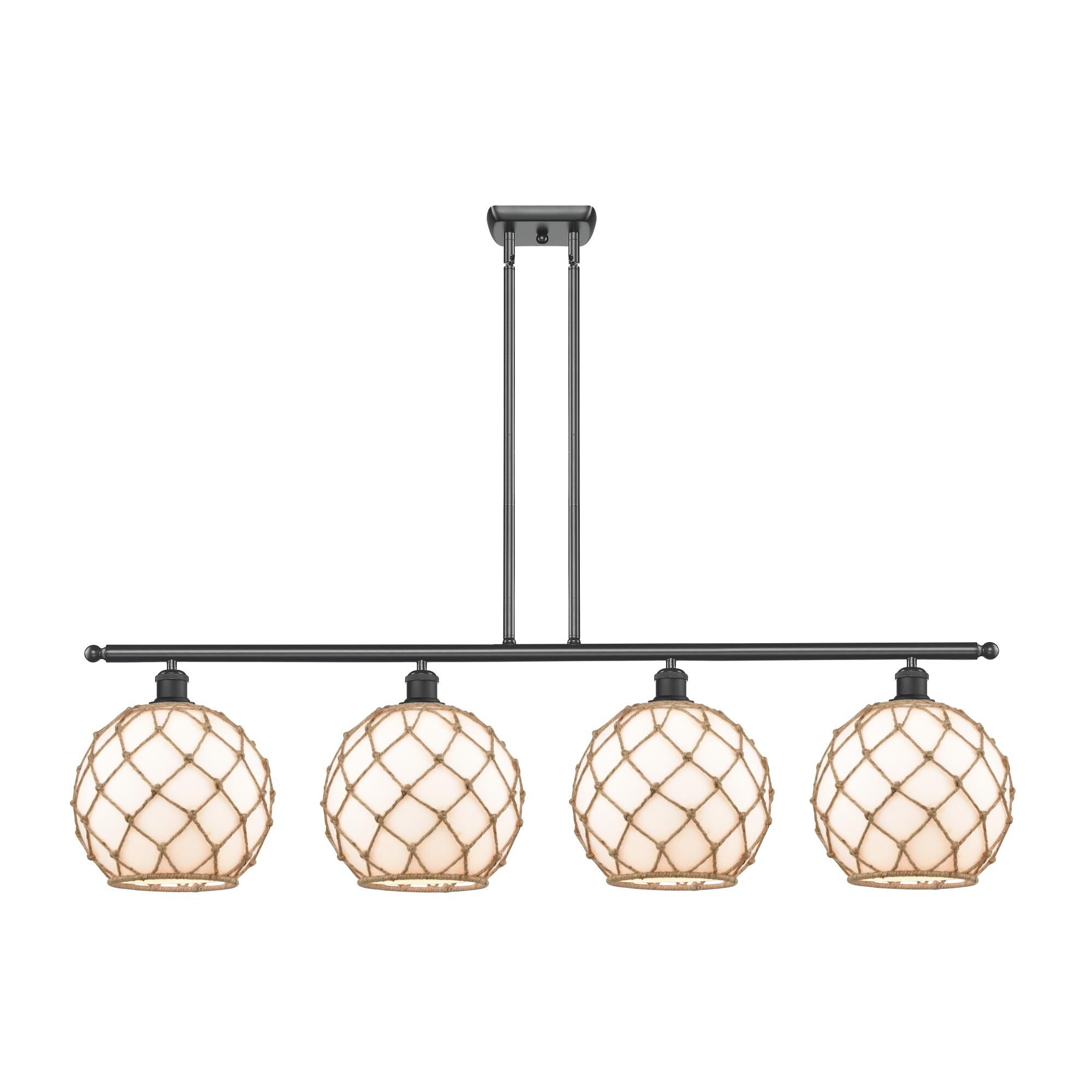 Shown in Matte Black finish and Sphere glass and Glass And Rope shade