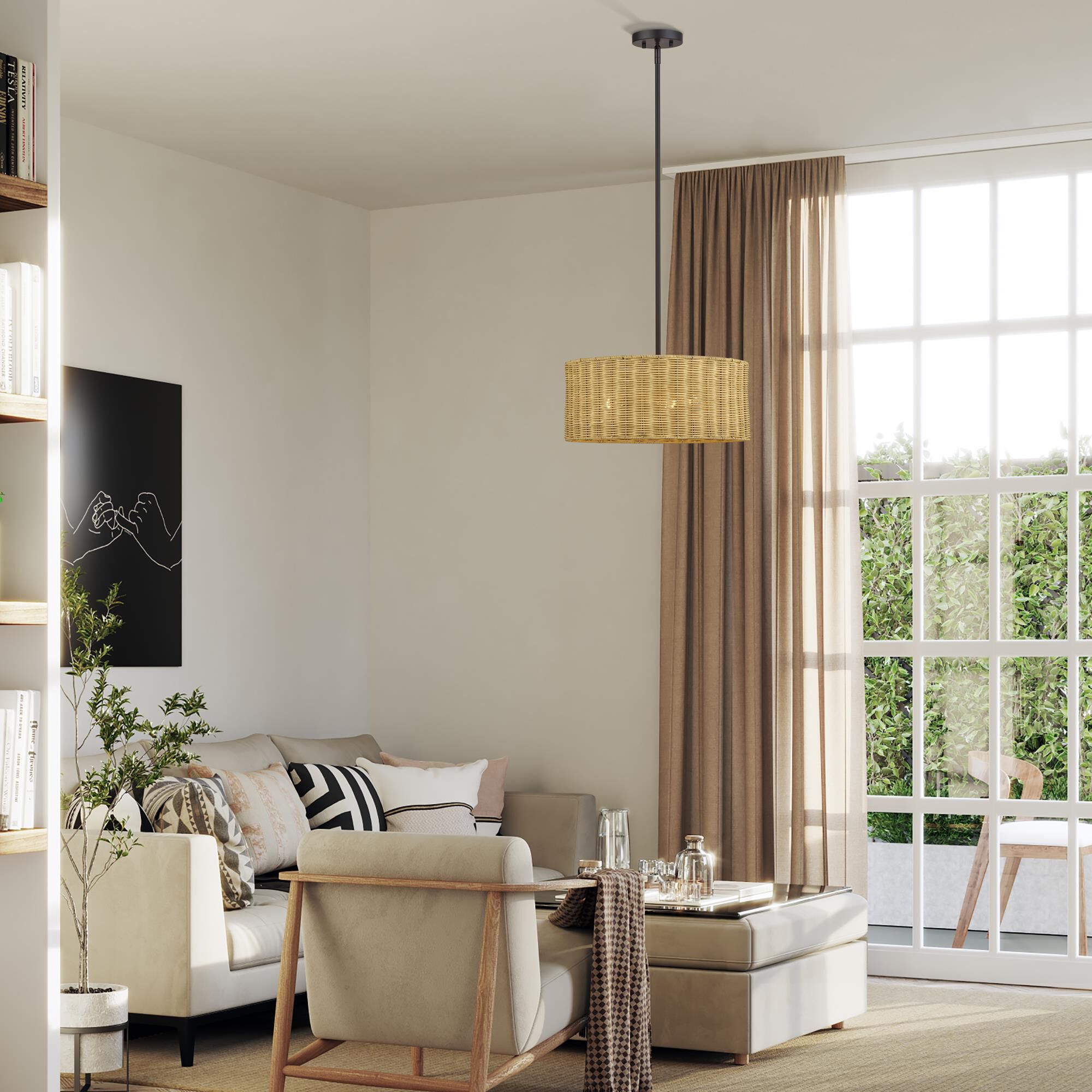 Shown in Bronze finish and Hand-Woven Rustic Walnut Color Rattan shade