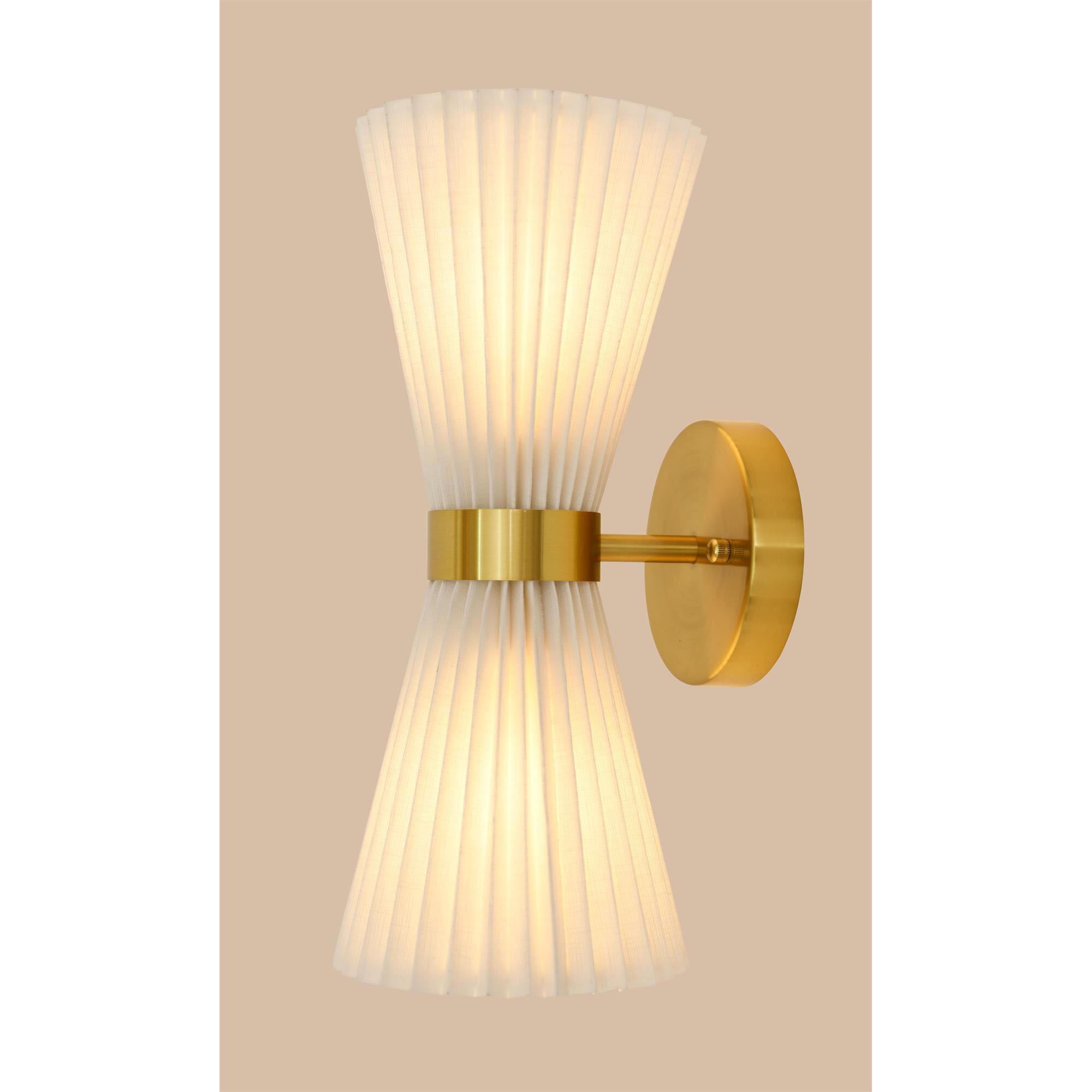 Shown in Brass and White finish and White Linen shade