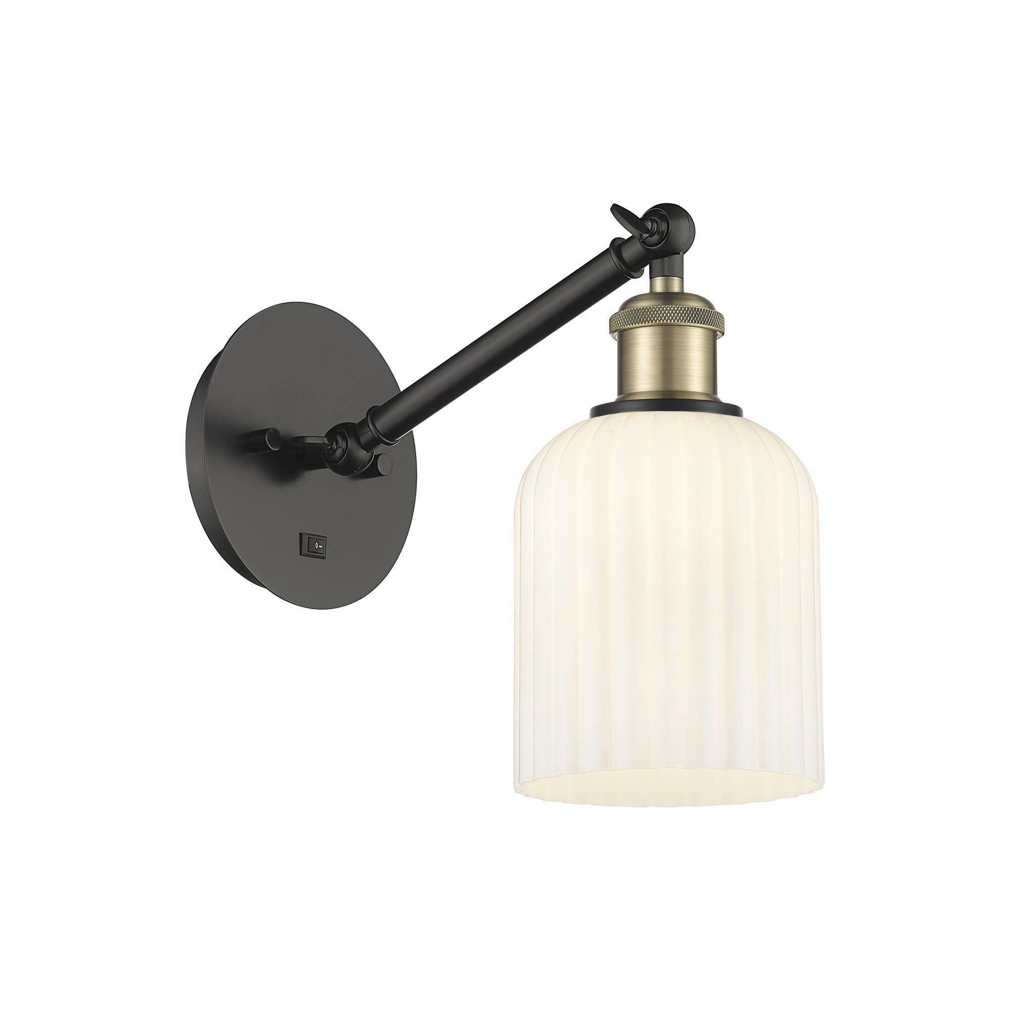 Shown in Black Antique Brass finish and Gloss White shade