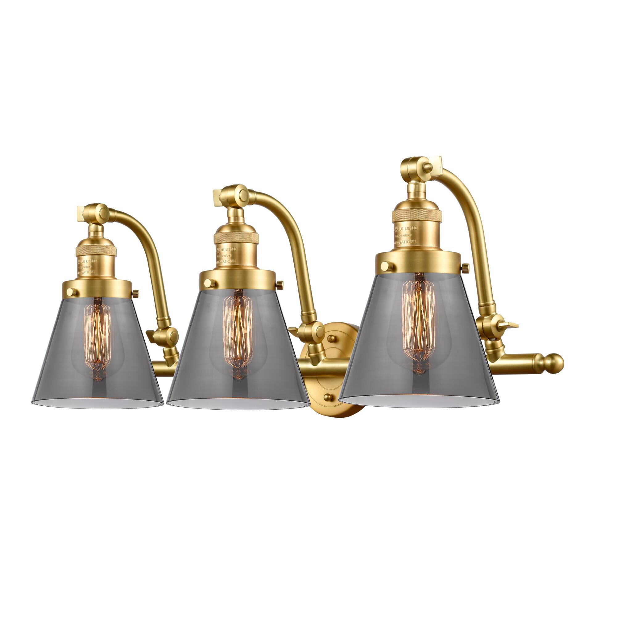 Shown in Satin Gold finish and Plated Smoke Small Cone glass