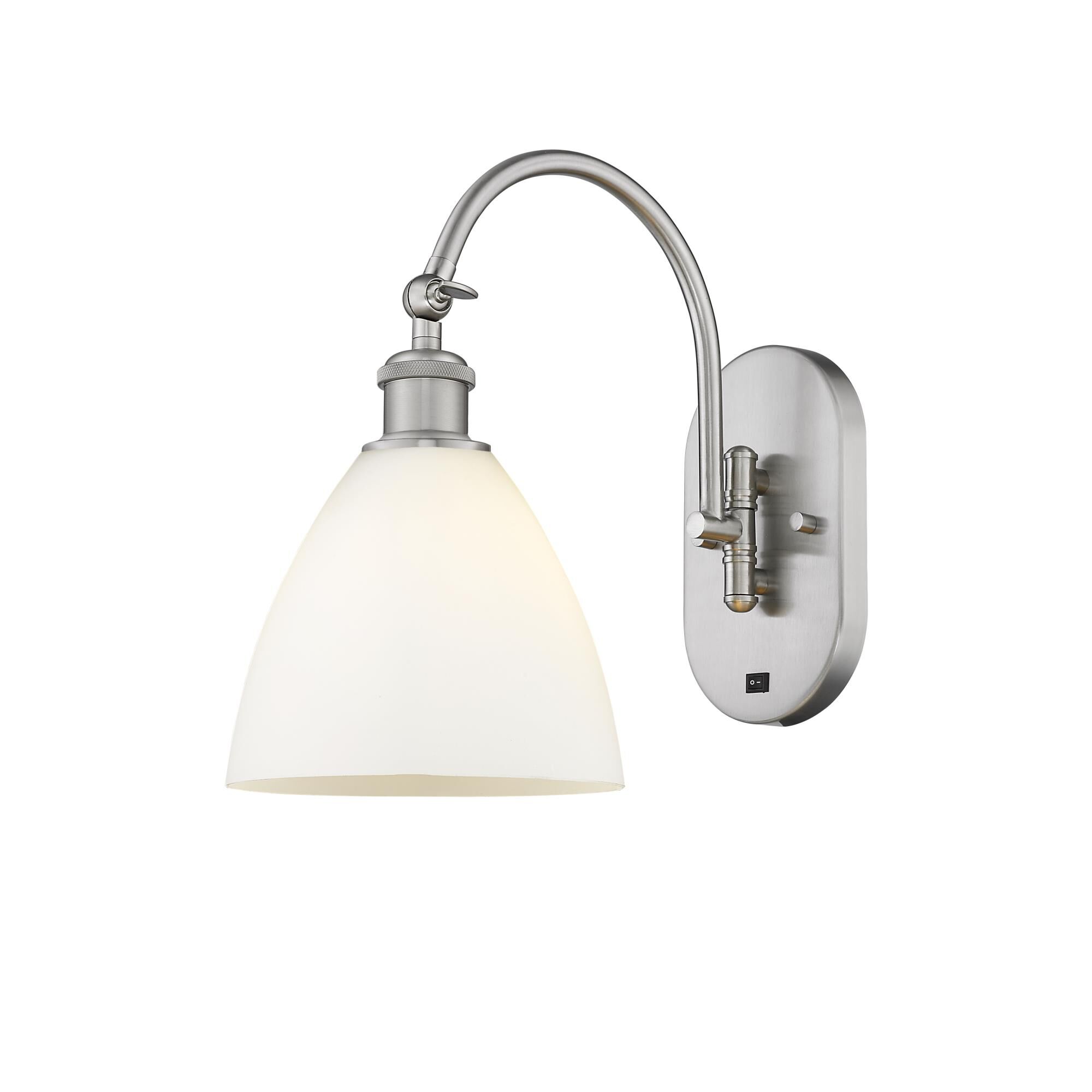 Shown in Brushed Satin Nickel finish and Matte White glass