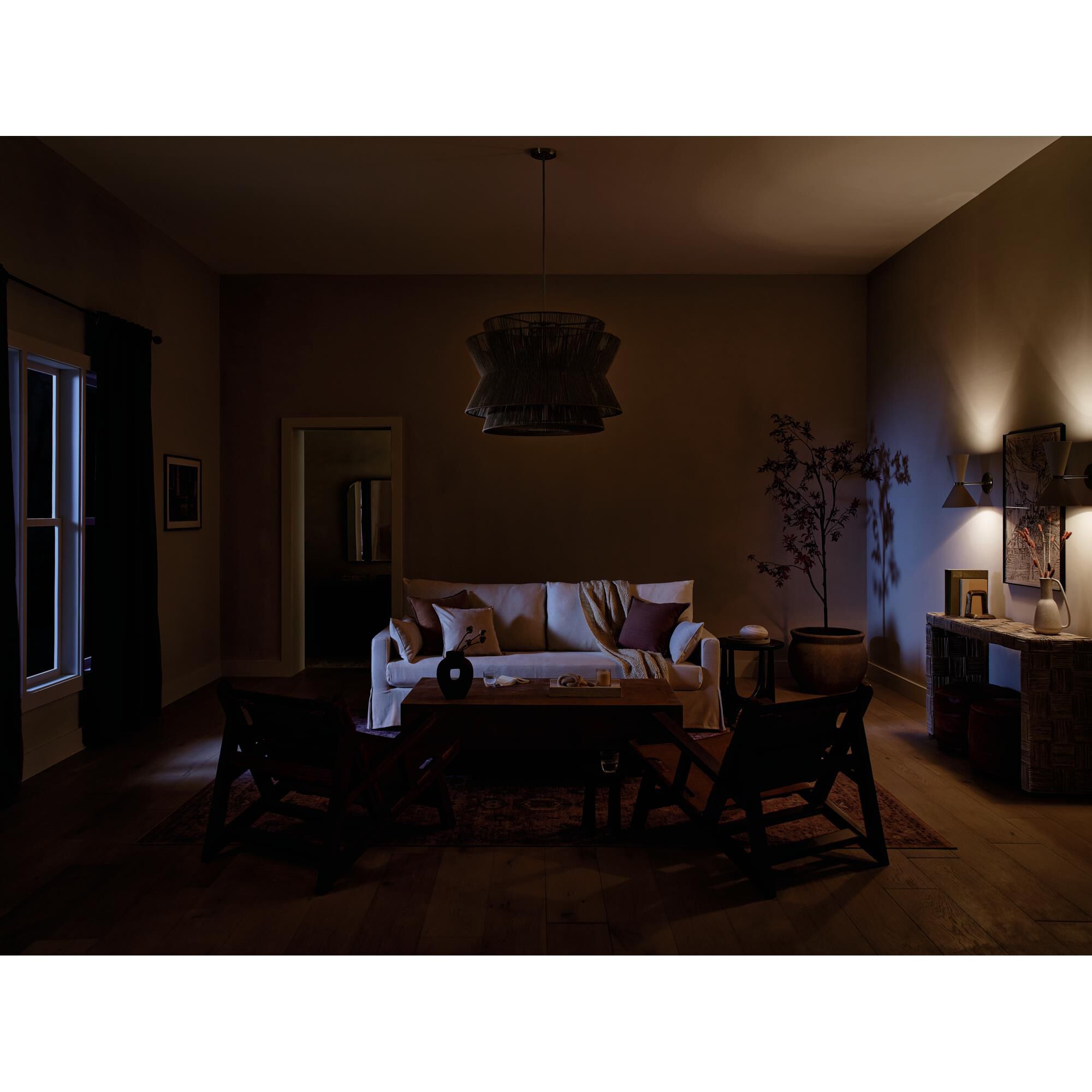 Shown in Champagne Bronze finish and Natural Fibers Textured shade