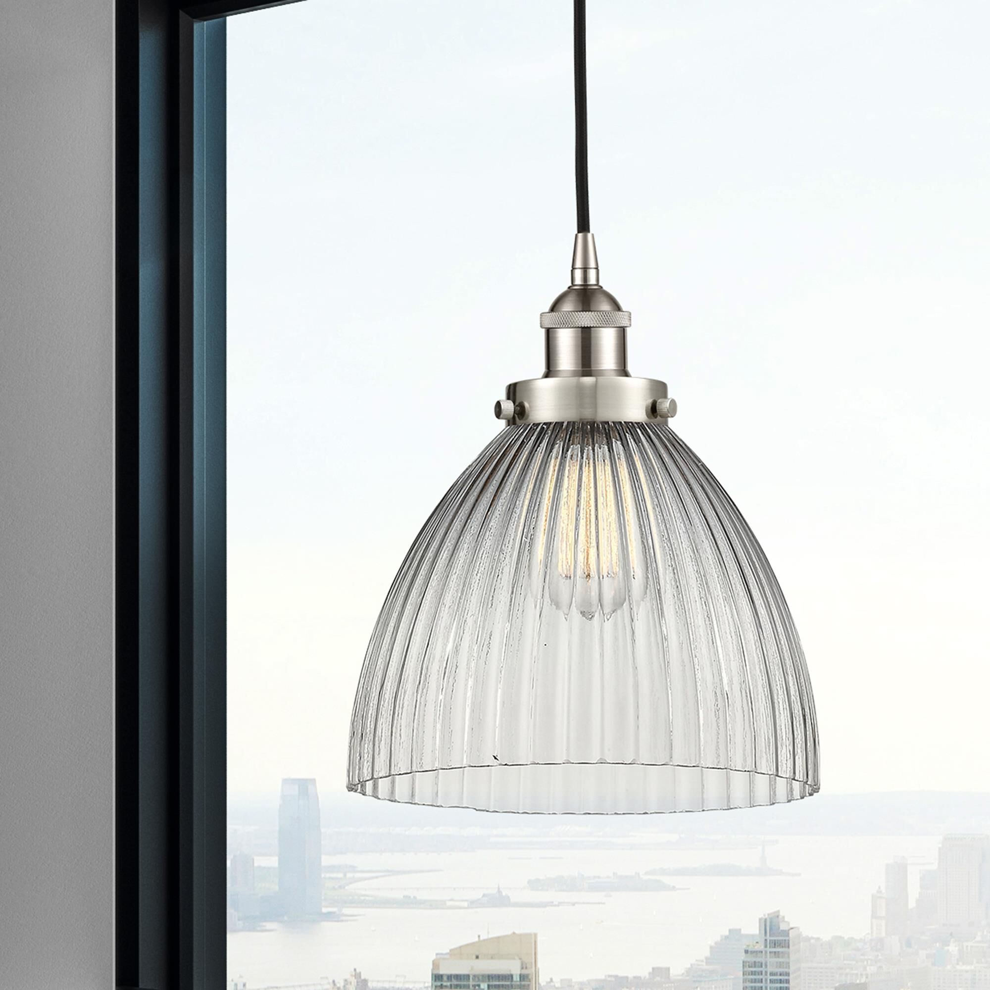 Shown in Brushed Satin Nickel finish and Clear Halophane Seneca Falls glass