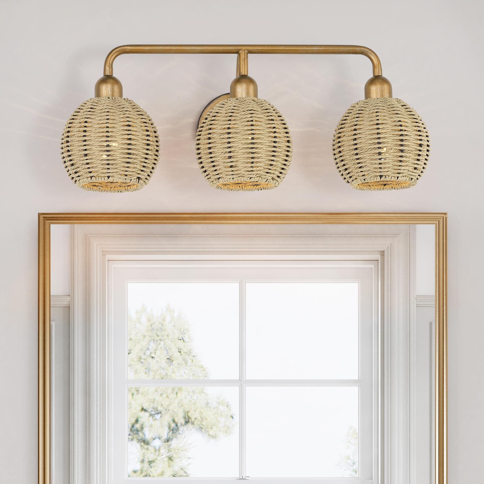Shown in Antique Gold Leaf finish and Hand-Woven French Beige Paper Rope shade