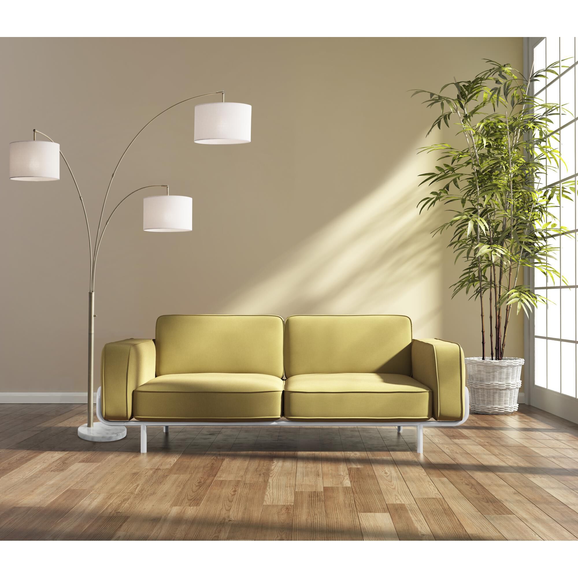 Shown in Antique Brass finish and Off-White Textured Linen shade