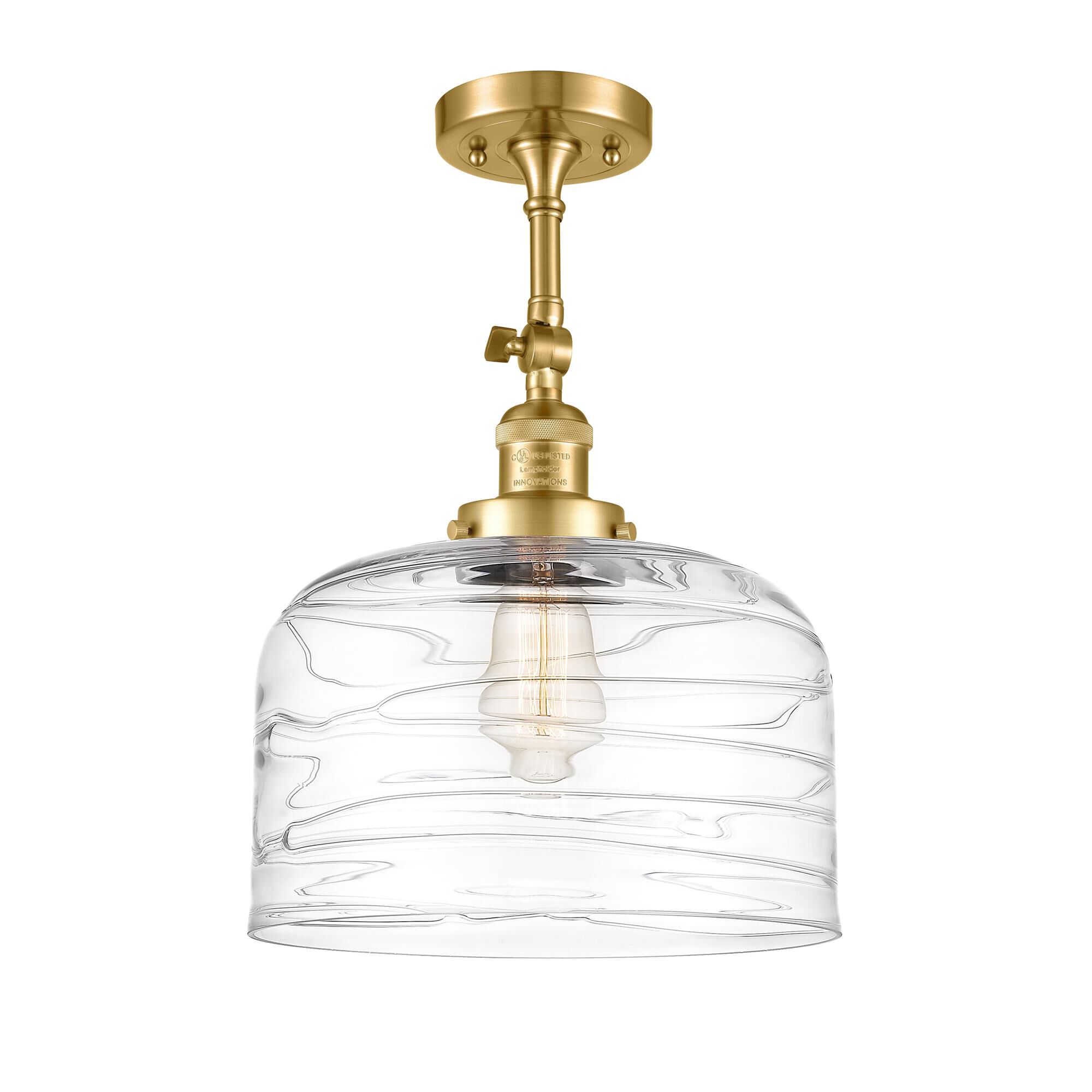 Shown in Satin Gold finish and Clear Deco Swirl X-Large Bell glass