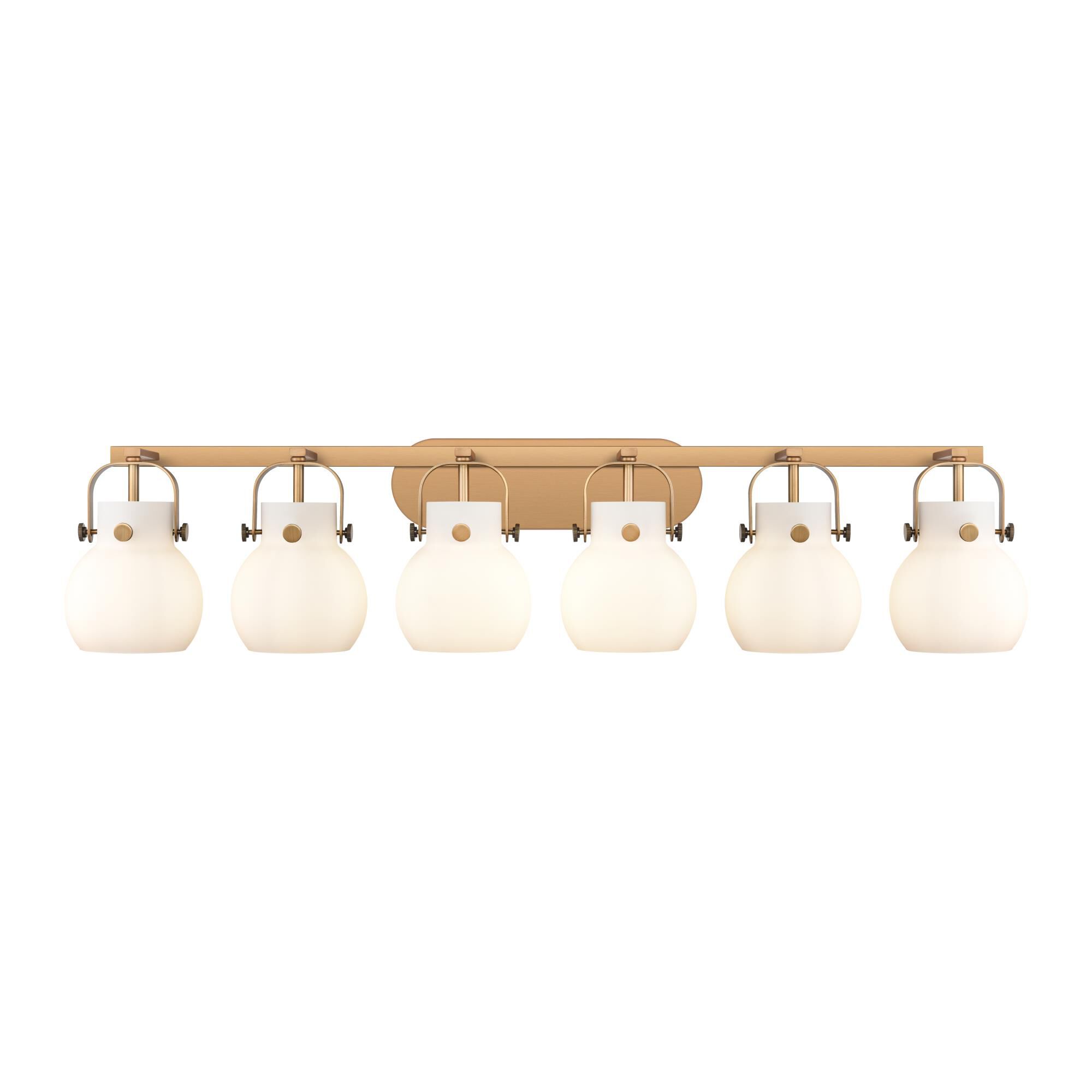 Shown in Brushed Brass finish and Matte White glass and Matte White Glass shade