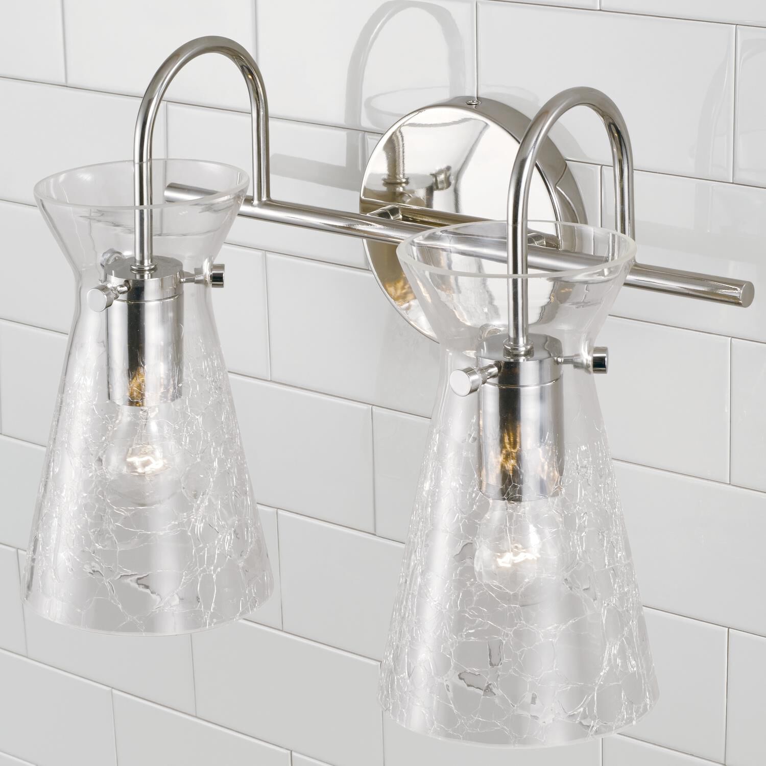 Shown in Polished Nickel finish and Clear Half-Crackle glass