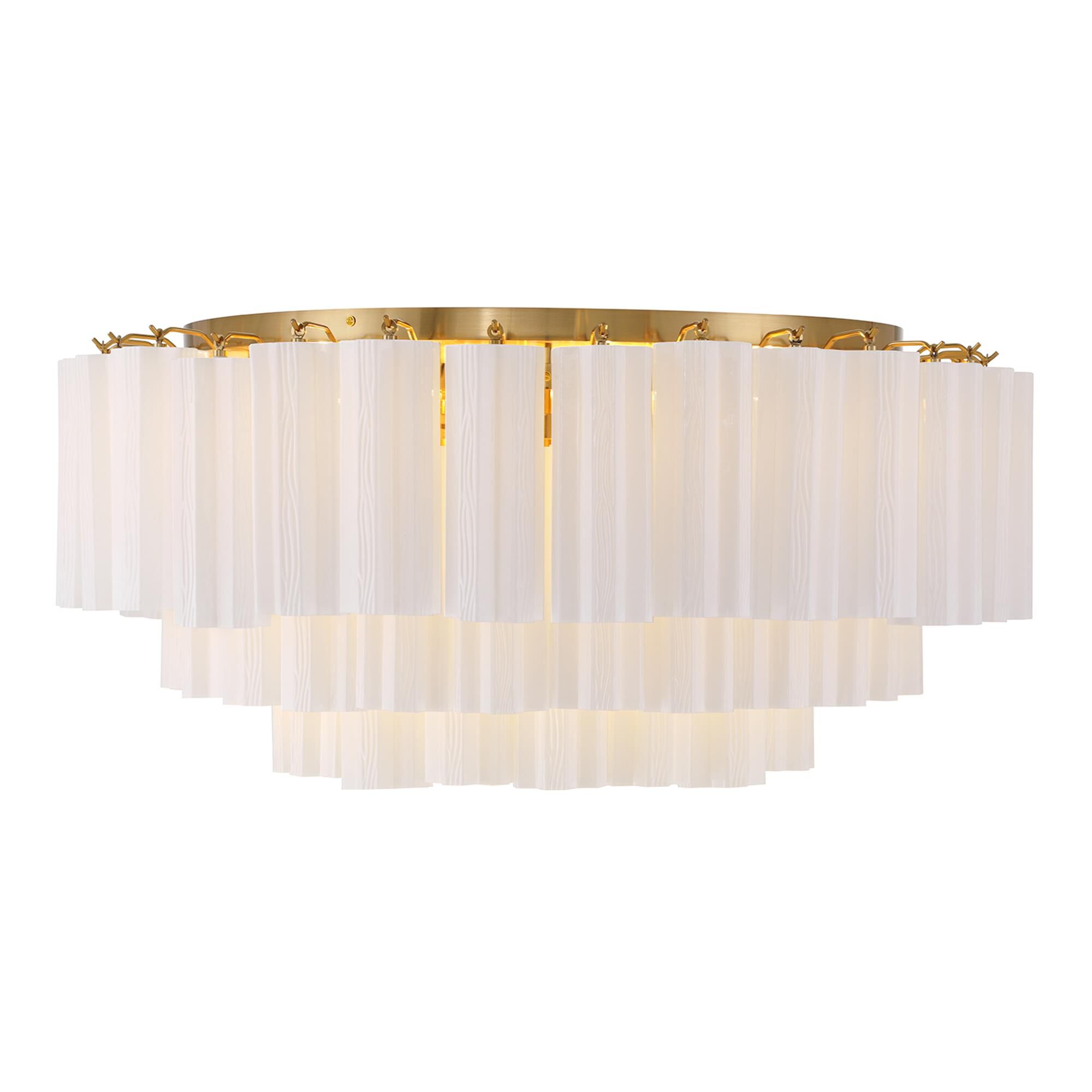 Shown in Aged Brass finish and Tronchi White glass