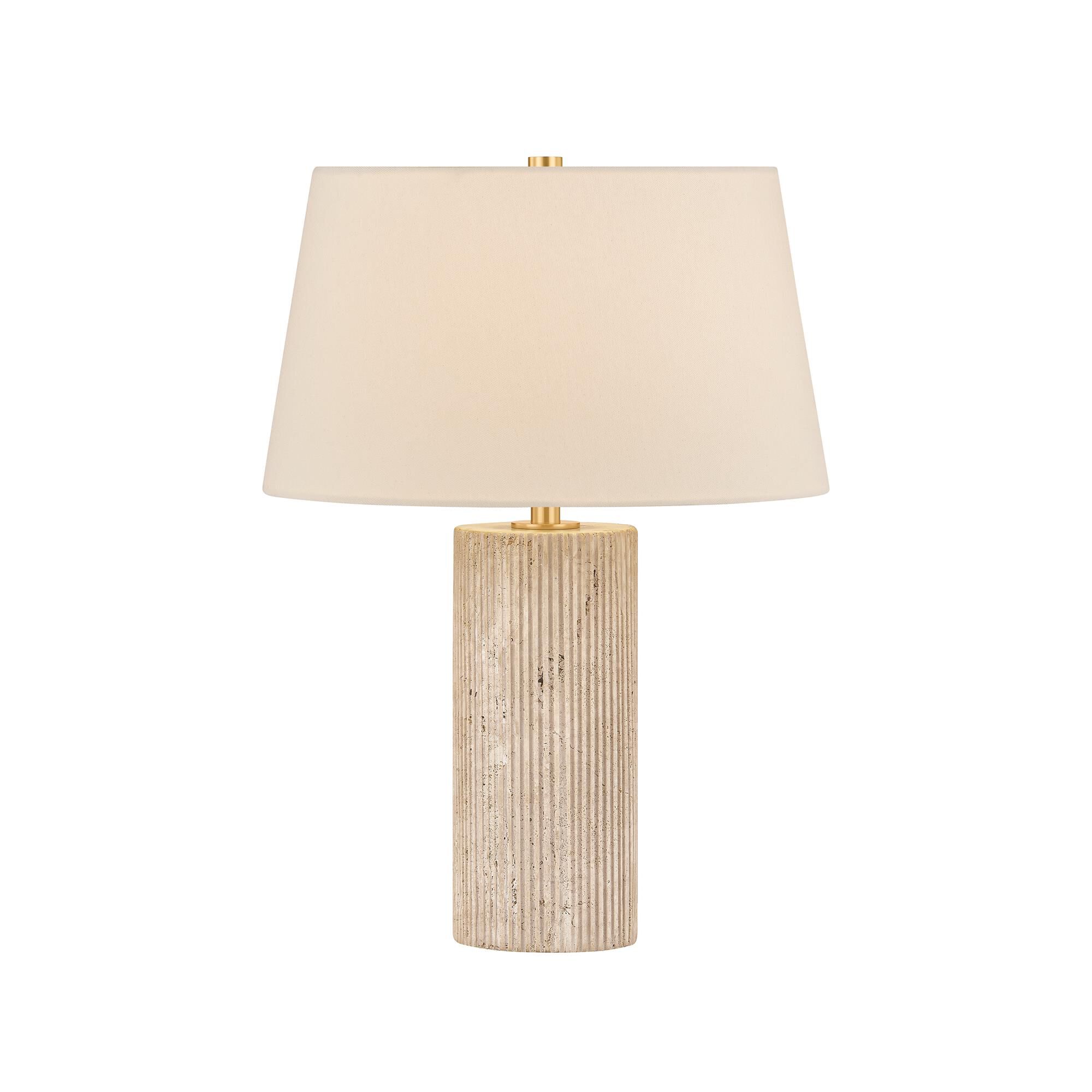 Shown in Aged Brass finish and Off White Linen shade