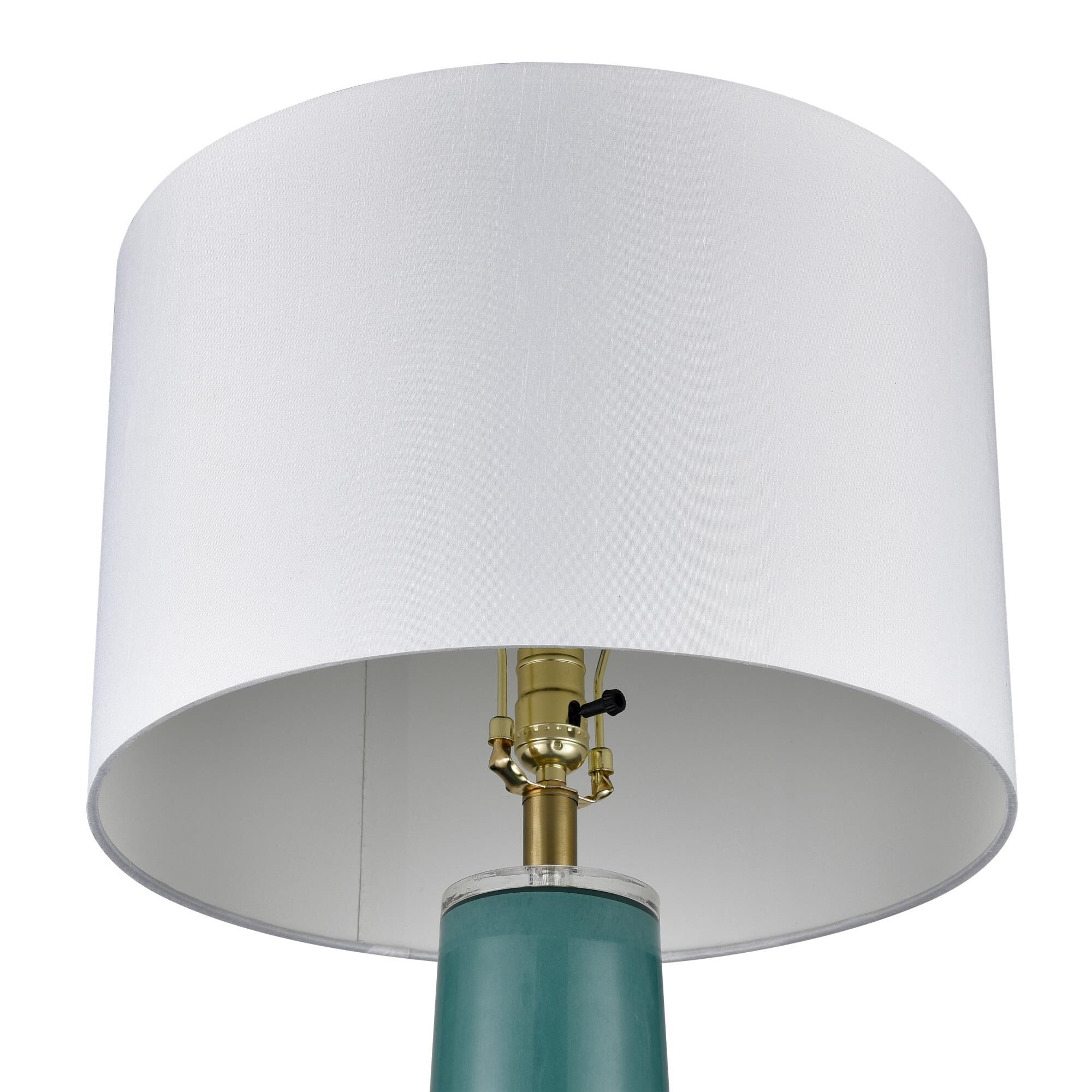 Shown in Green finish and White Faux Silk Drum Fabric Hardback shade