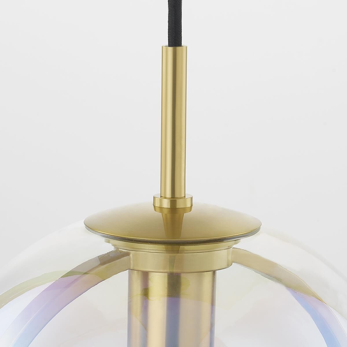 Shown in Aged Brass finish and Clear Plated Light Iridescent glass