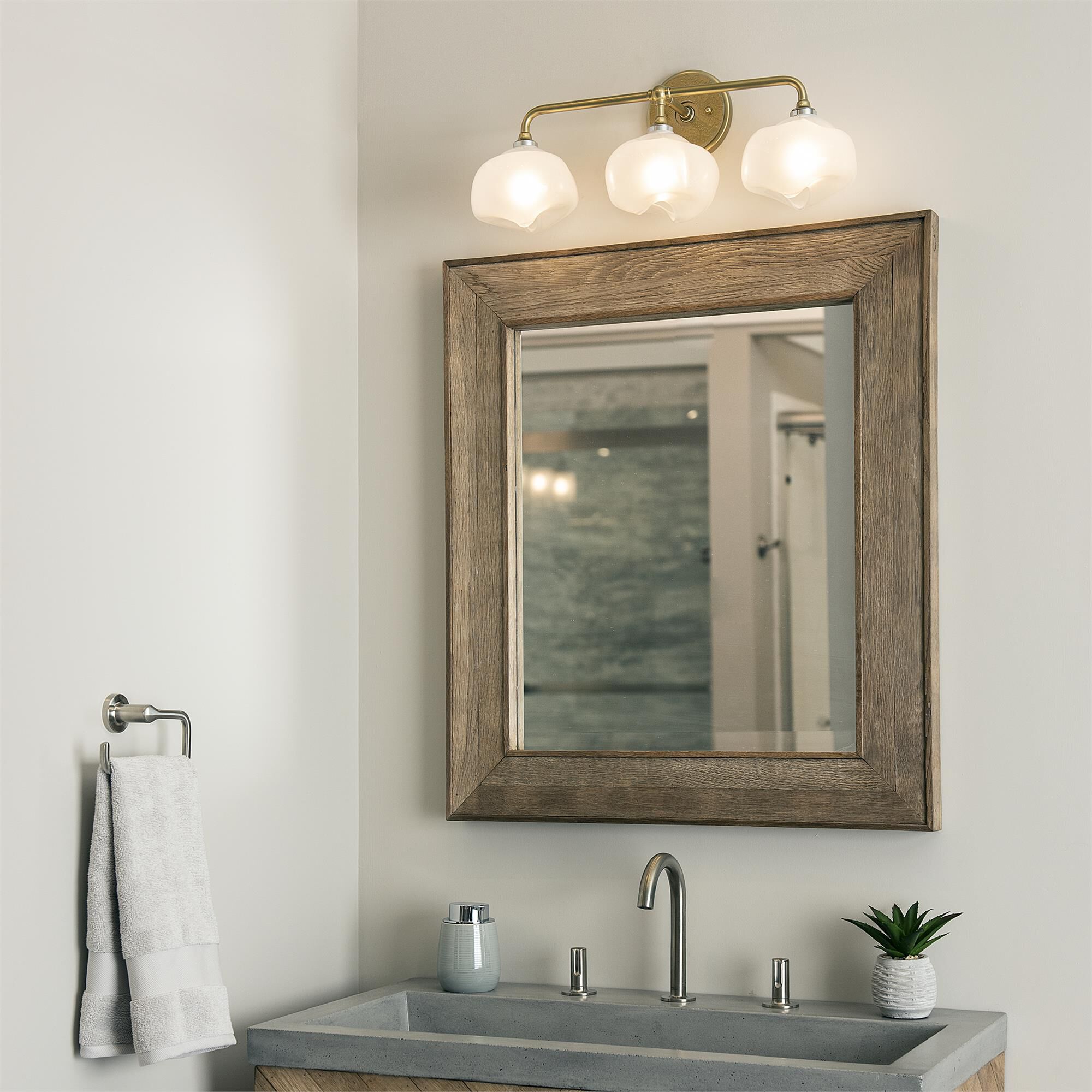 Shown in Modern Brass finish and Frosted glass and Modern Brass accent