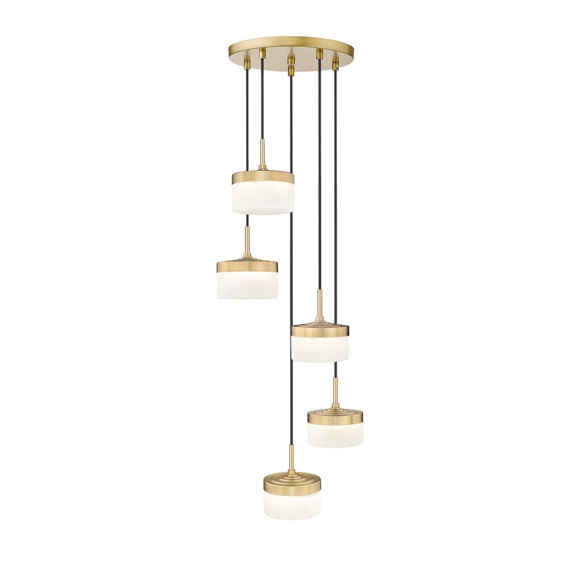 Shown in Modern Gold finish and Feathered White glass