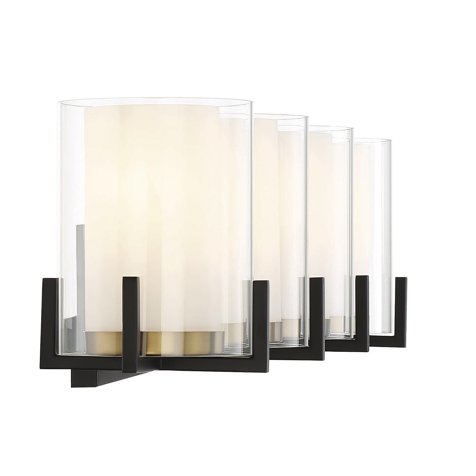 Shown in Matte Black With Warm Brass Accents finish and Clear Outer , White Opal Chimney glass and Glass shade