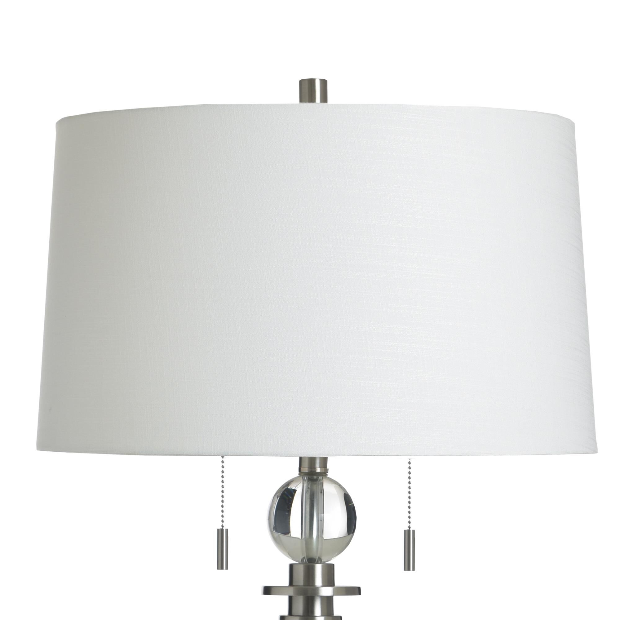 Shown in Clear, Brushed Nickel, White finish and White Cotton and Polyester Blend shade