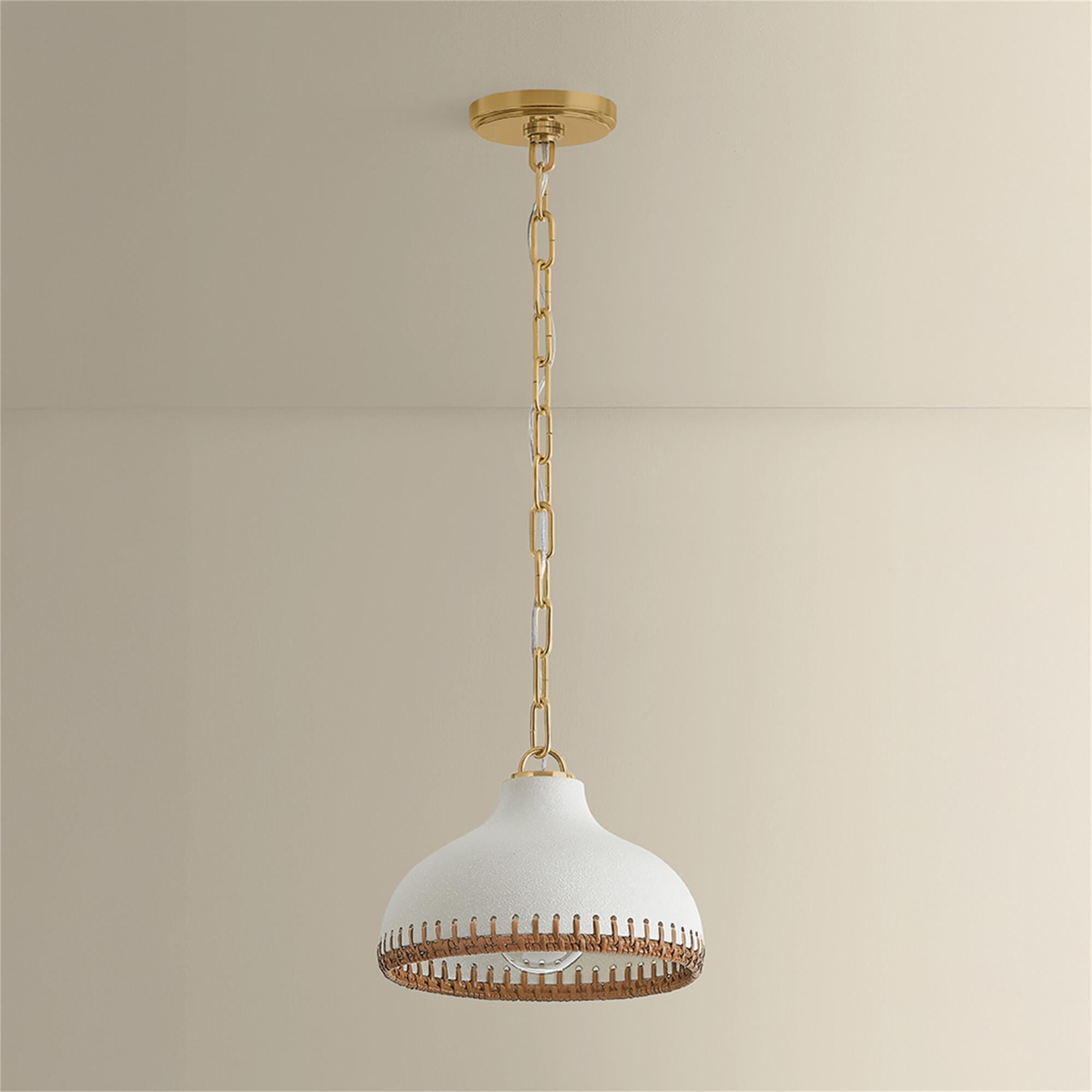 Shown in Aged Brass and Ceramic Cream Pebble finish and Rattan Weave Ceramic shade