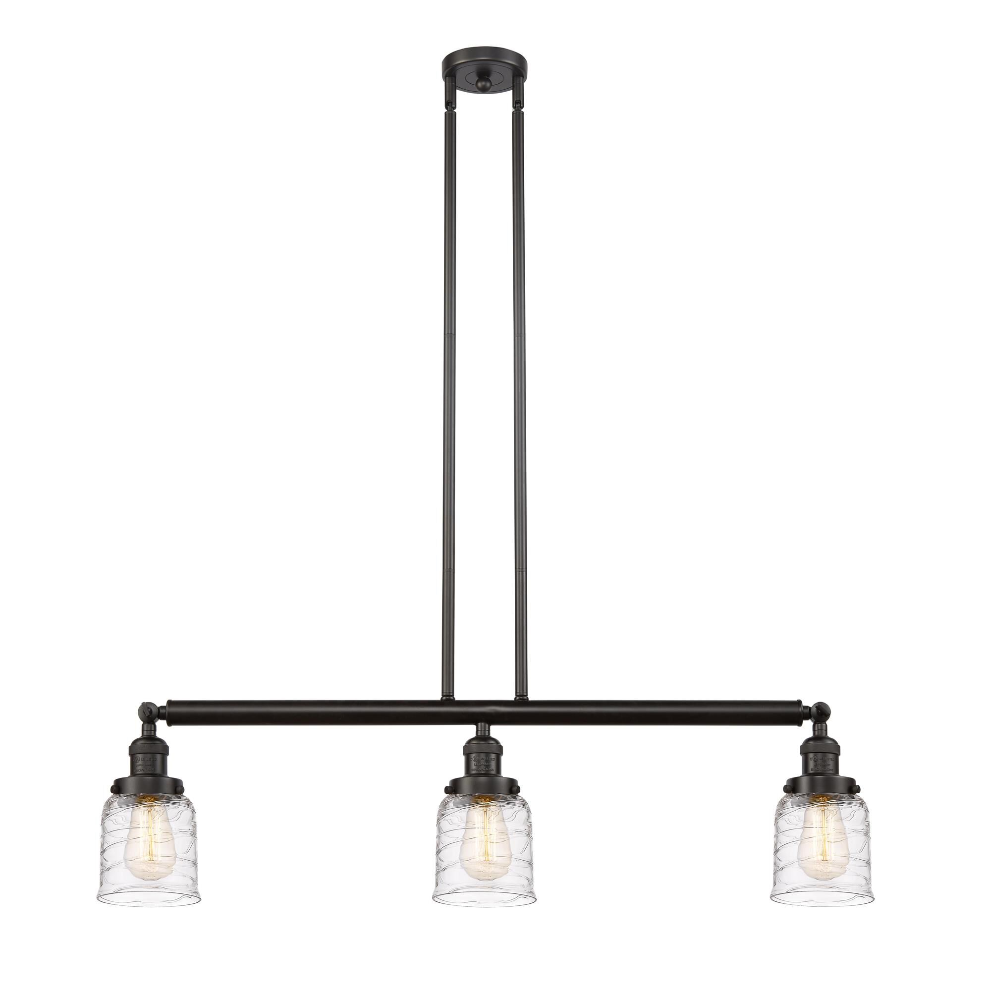 Shown in Oil Rubbed Bronze finish and Clear Deco Swirl Small Bell glass