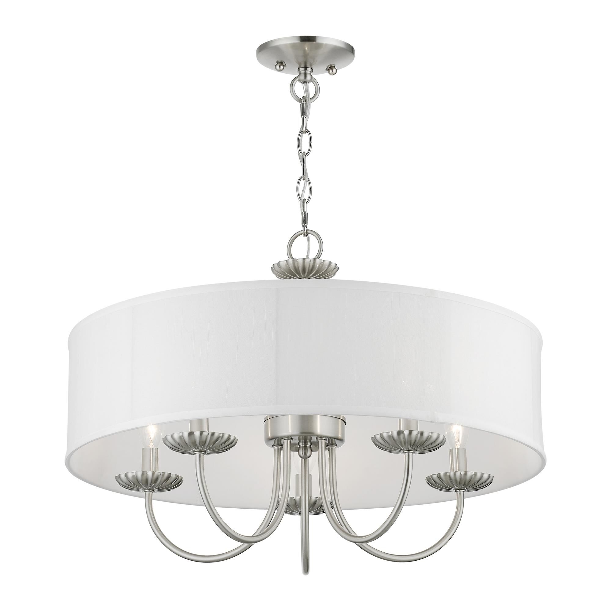 Shown in Brushed Nickel finish and Off-White Fabric Hardback with White Fabric Inside shade