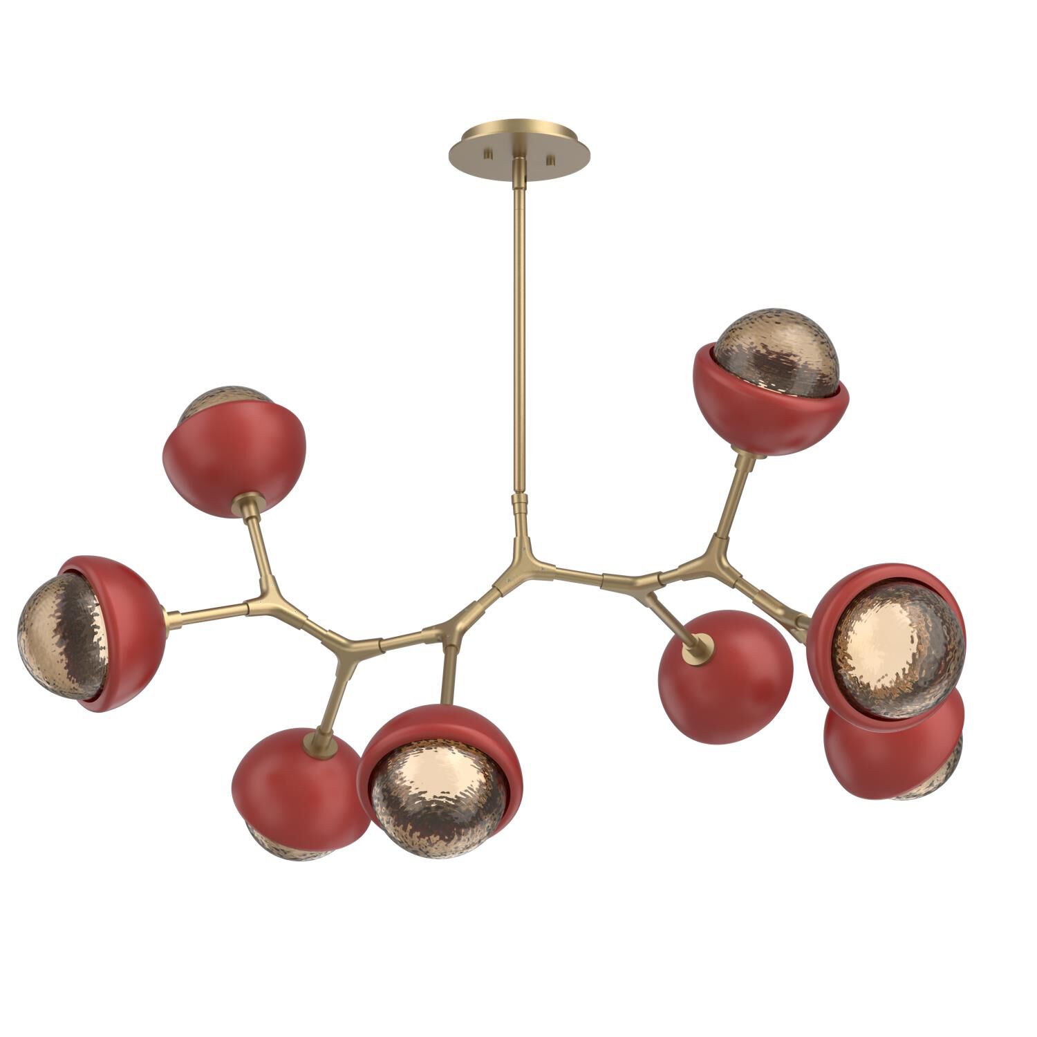 Shown in Gilded Brass finish and Bronze glass and Cinnamon Red accent