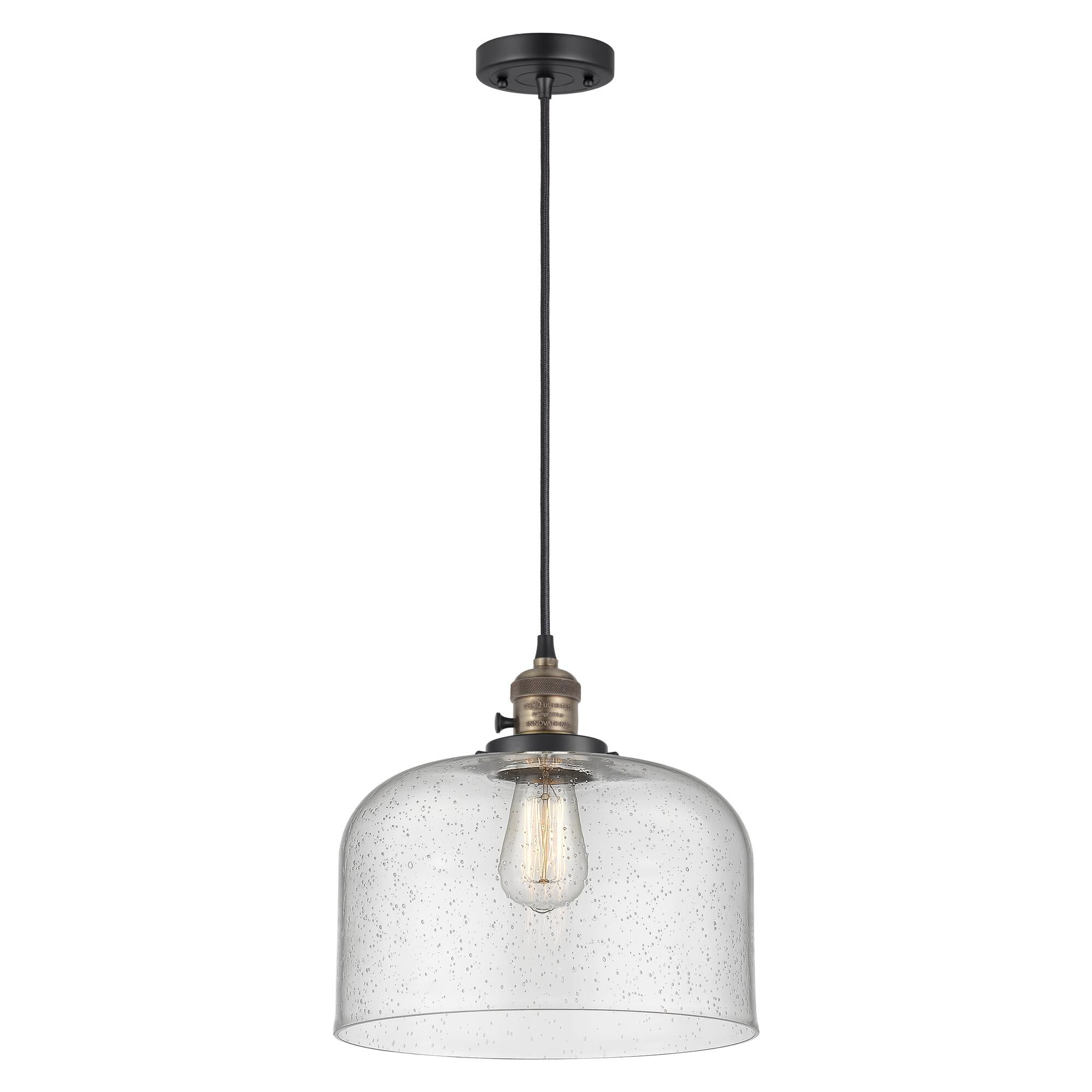 Shown in Black Antique Brass finish and Seedy glass